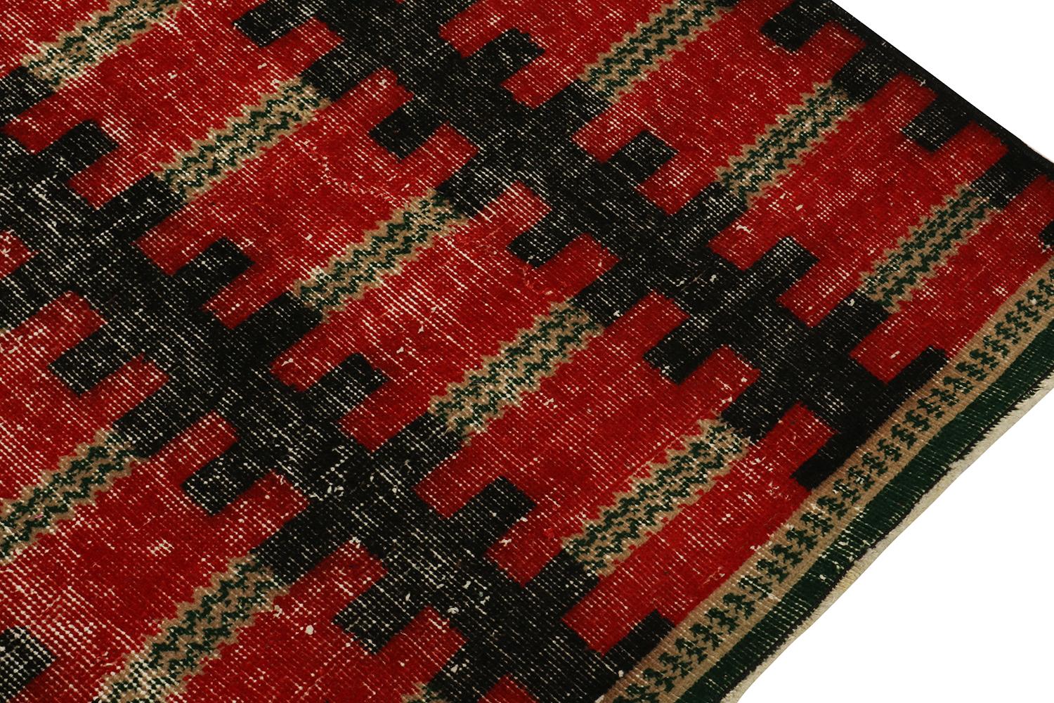Hand-Knotted Vintage Zeki Müren Rug in Red and Black Geometric Pattern, by Rug & Kilim For Sale