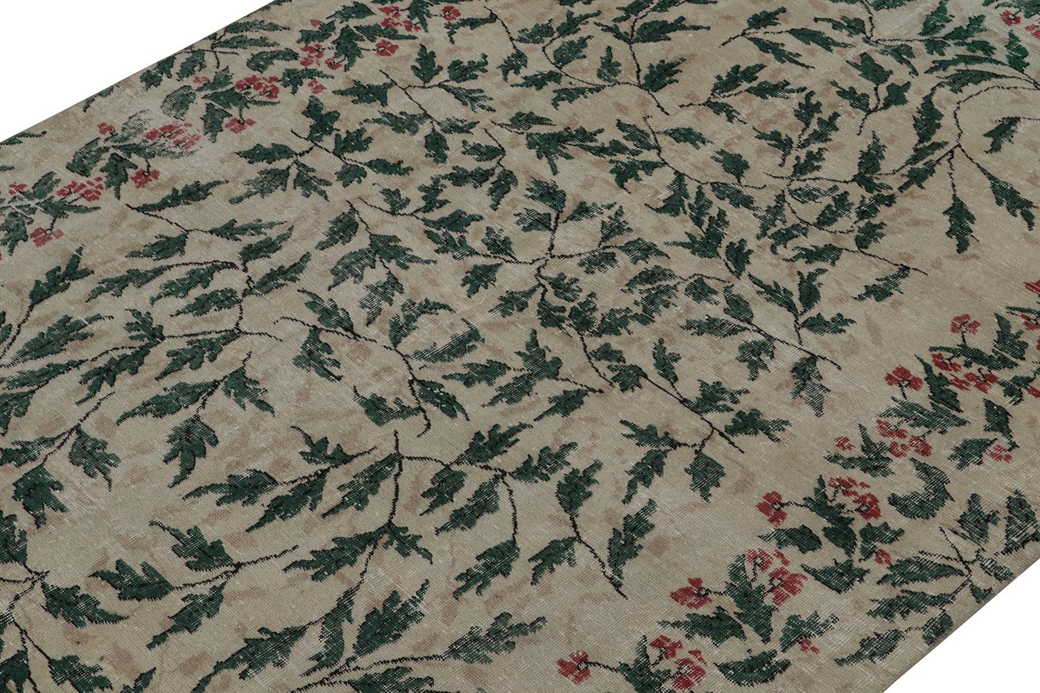 Turkish Vintage Zeki Müren Rug in Taupe and Forest Green Floral Patterns, by Rug & Kilim For Sale