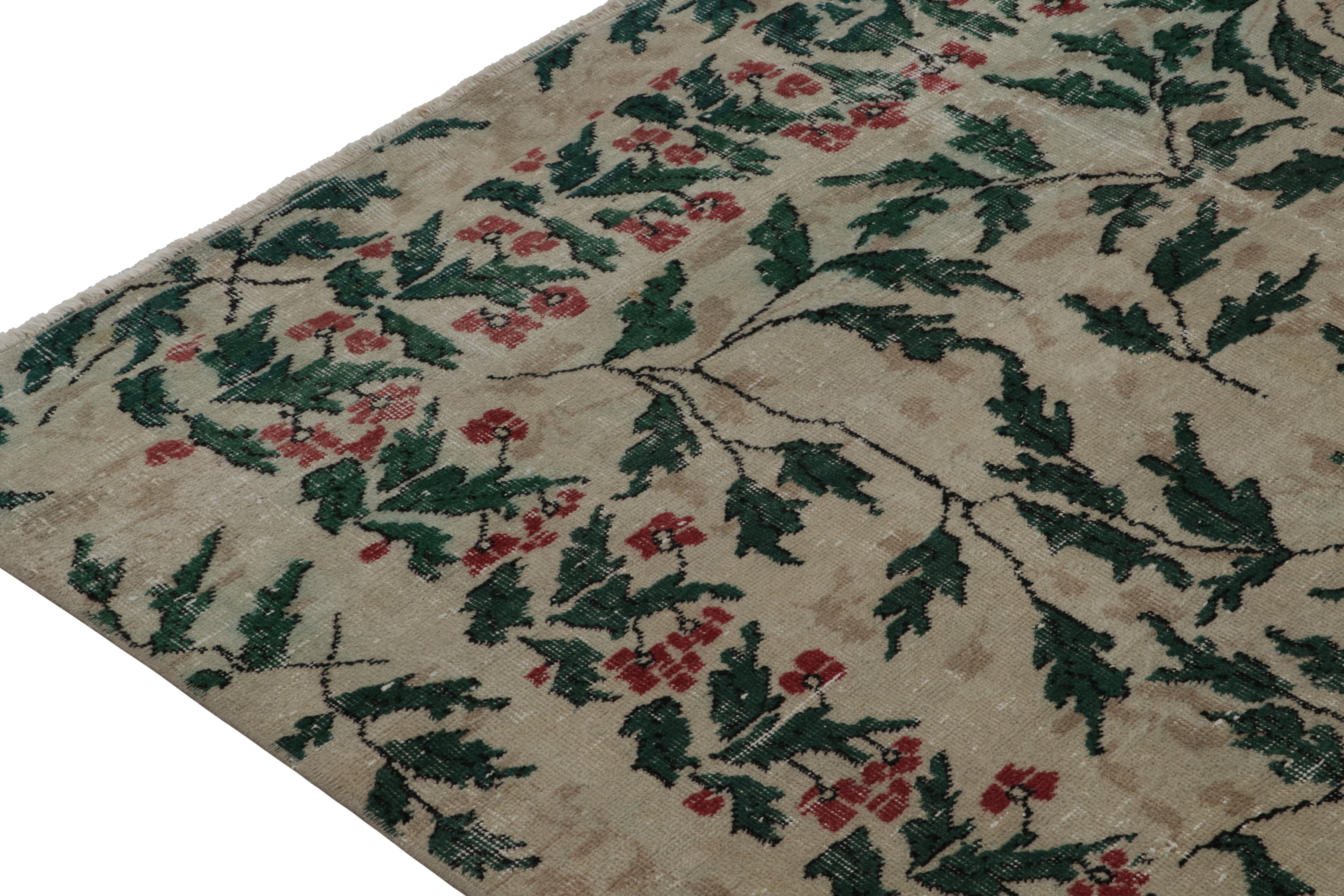 Hand-Knotted Vintage Zeki Müren Rug in Taupe and Forest Green Floral Patterns, by Rug & Kilim For Sale