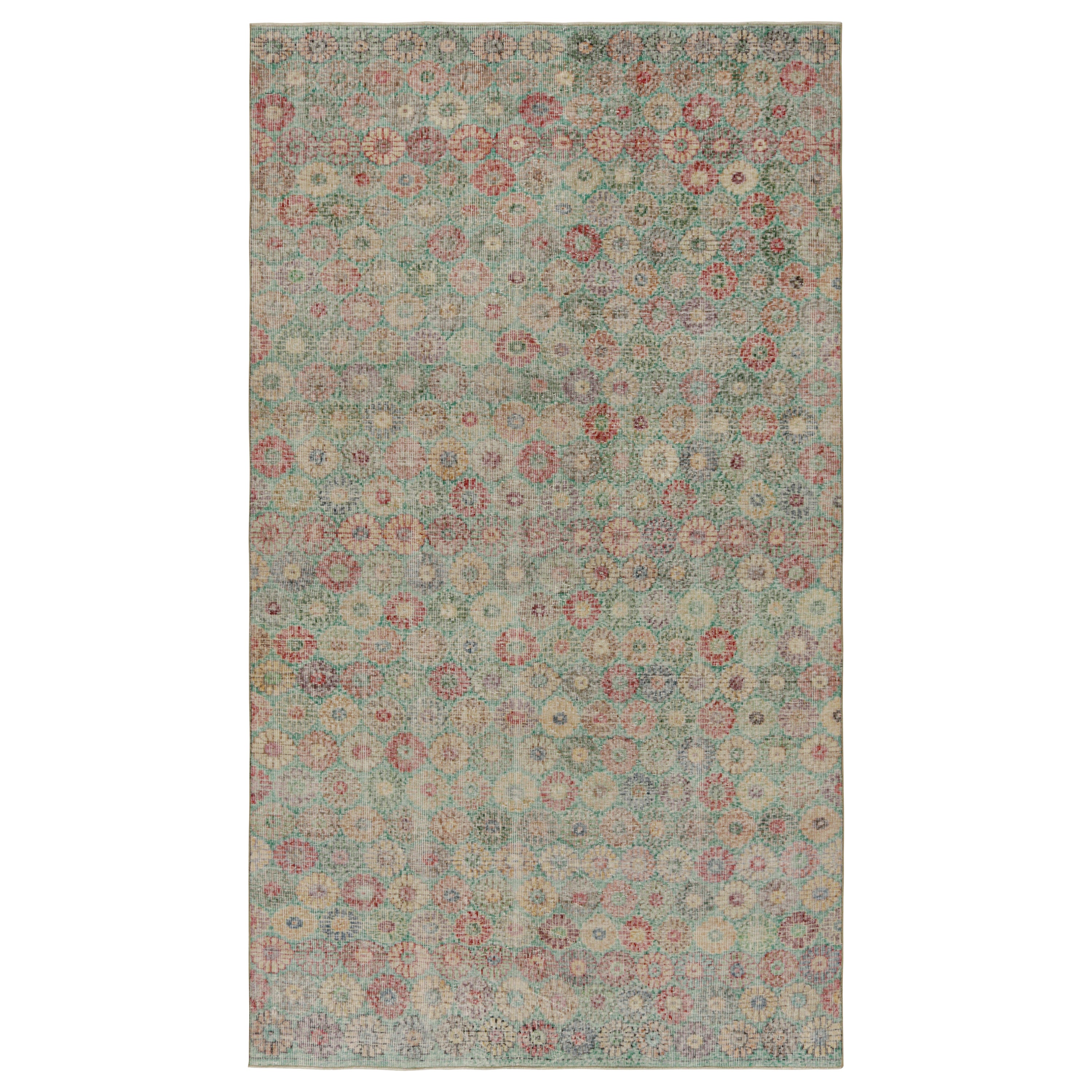 Vintage Zeki Müren Rug in Teal with Colorful Floral Patterns, from Rug & Kilim