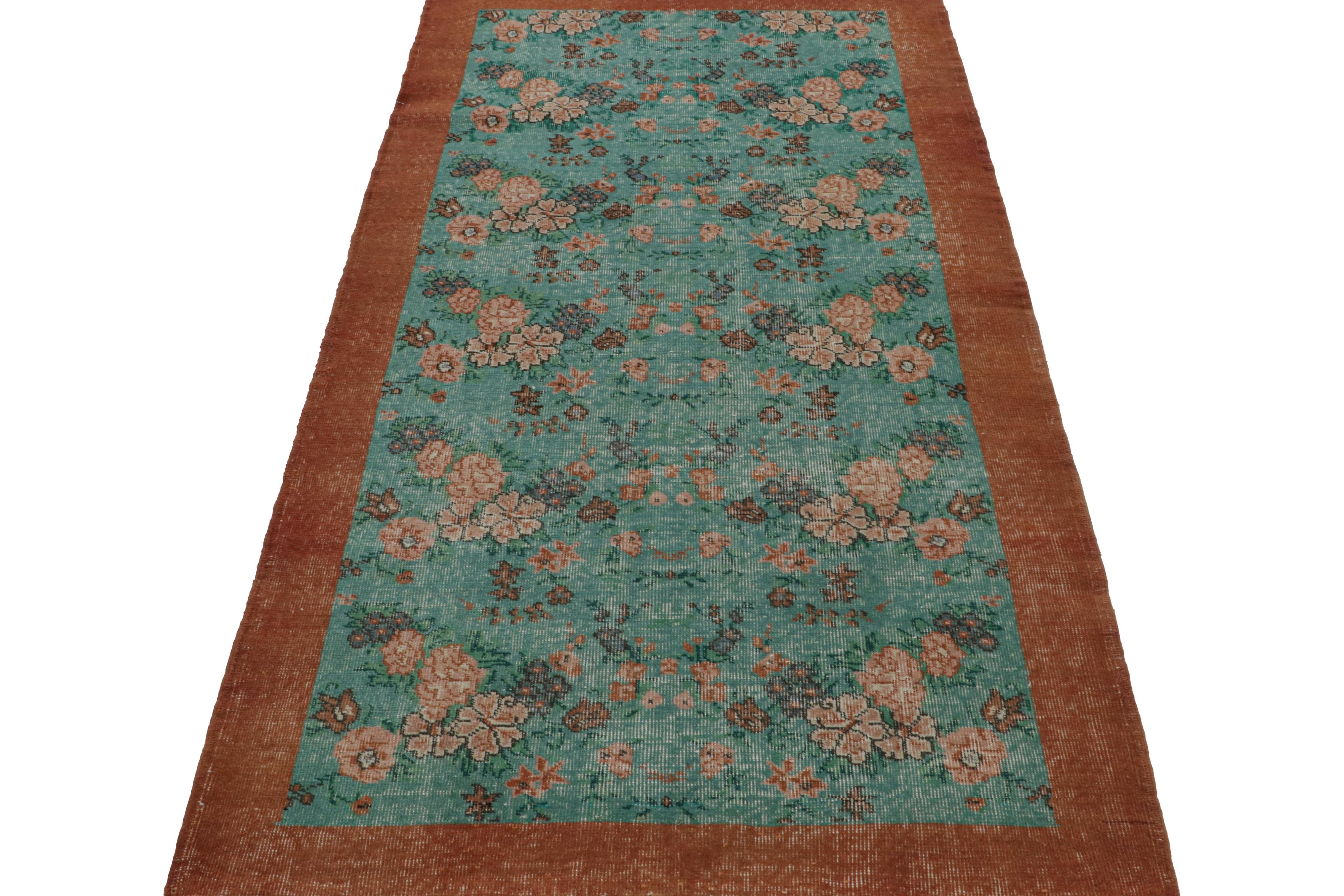 Turkish Vintage Zeki Muren rug in Teal, with floral patterns, from Rug & Kilim For Sale