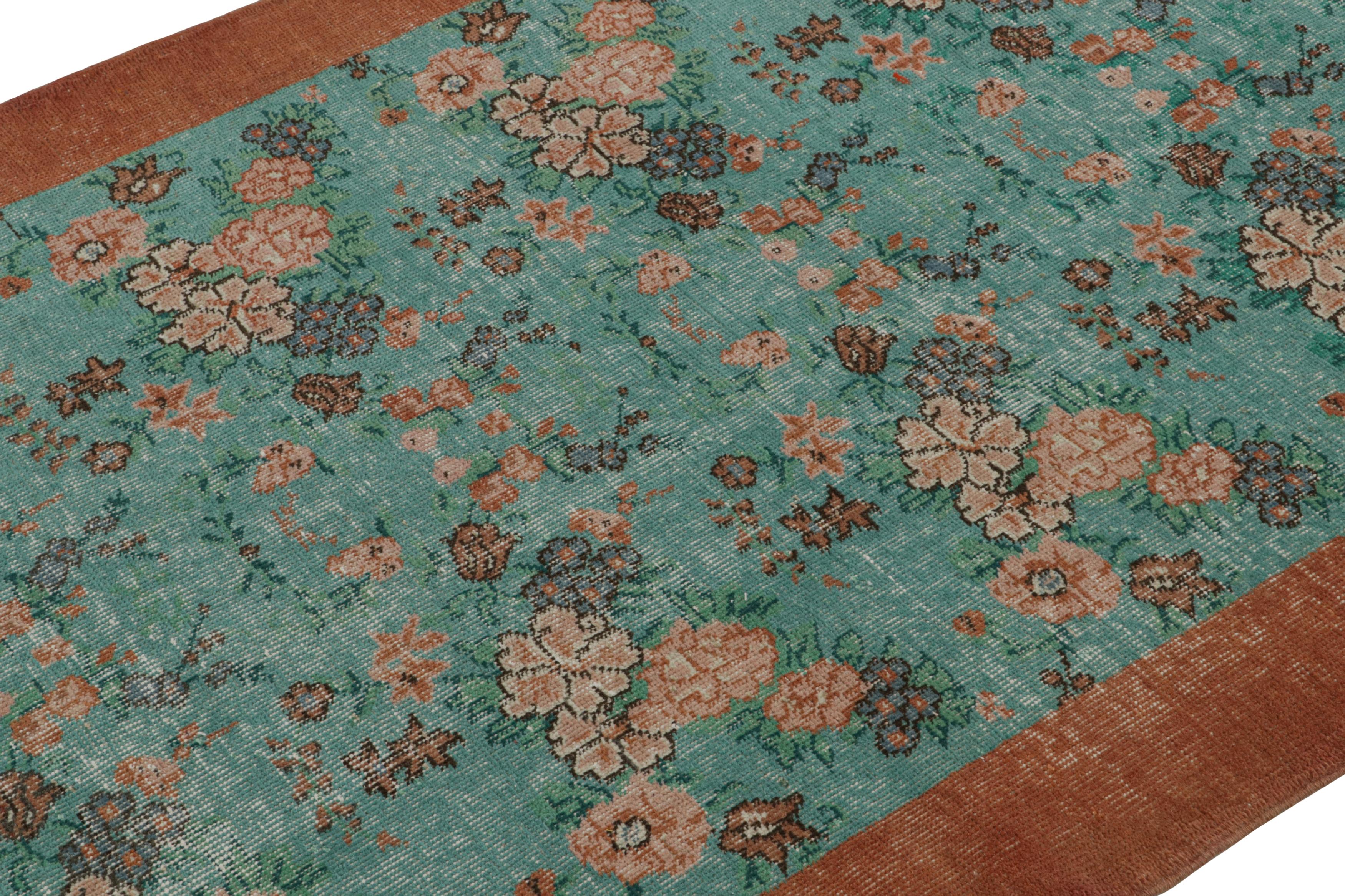 Hand-Knotted Vintage Zeki Muren rug in Teal, with floral patterns, from Rug & Kilim For Sale