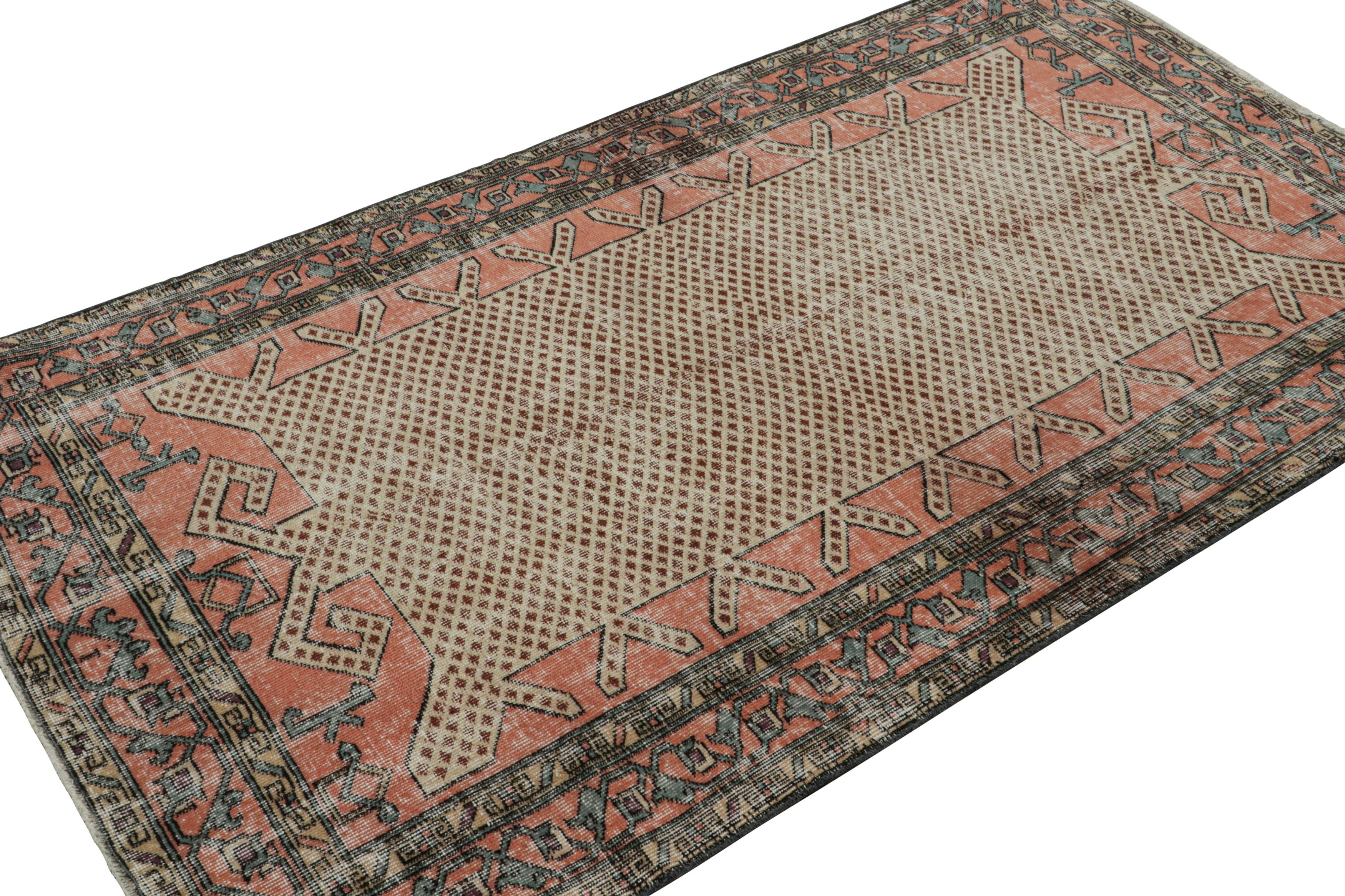 This vintage 4x6 rug is a new addition to Rug & Kilim’s Mid-Century Pasha Collection. This line is a commemoration, with rare curations we believe to hail from multidisciplinary Turkish designer Zeki Müren.

Hand-knotted in wool circa 1960-1970, the