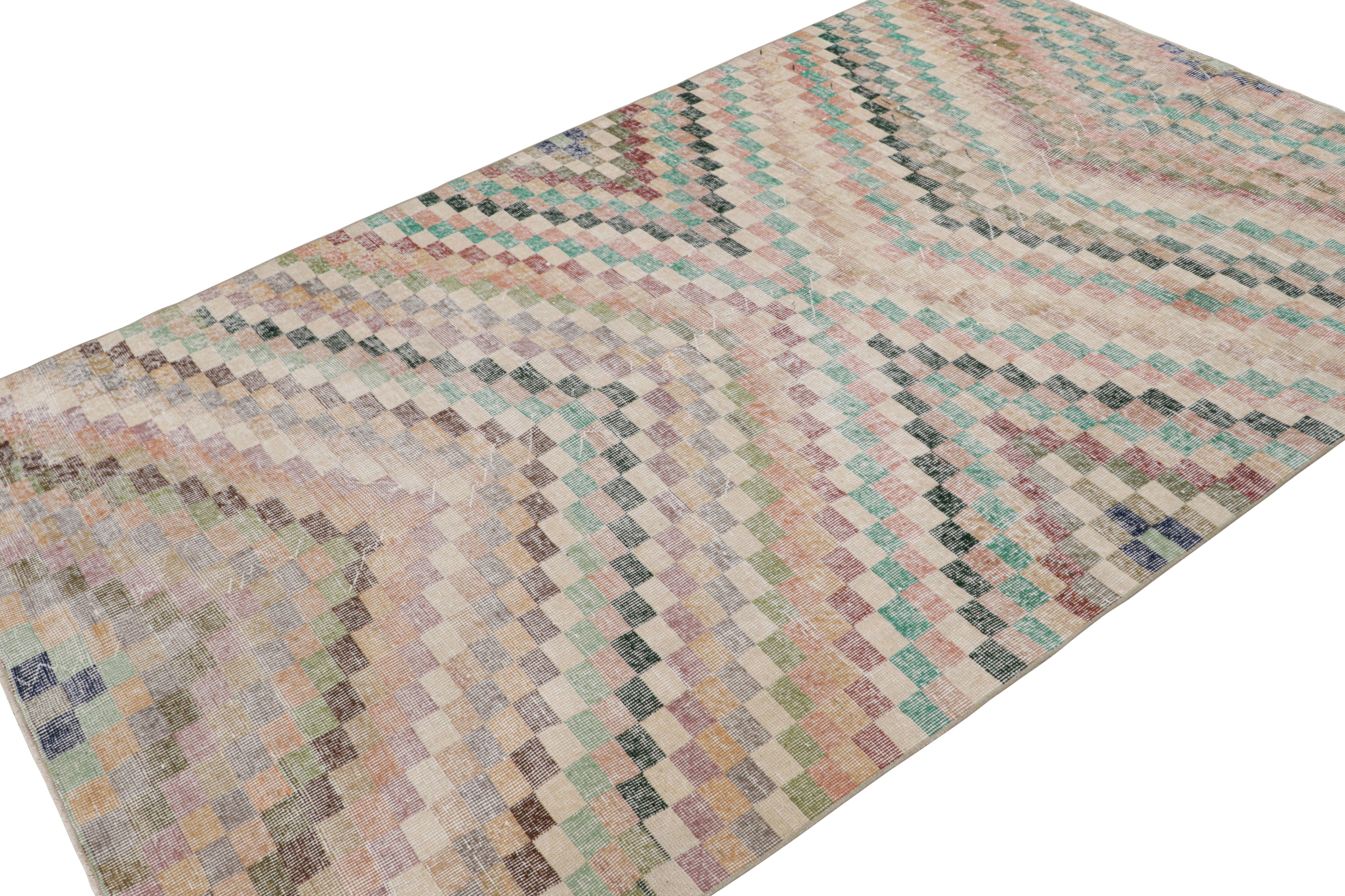 Handknotted in wool, this 5x9 vintage rug originates from Turkey, circa 1960-1970 and is believed to hail from the Turkish artist Zeki Muren. 

On the Design:

Keen eyes will note polychromatic colorways of pastel and jewel tones underscoring a