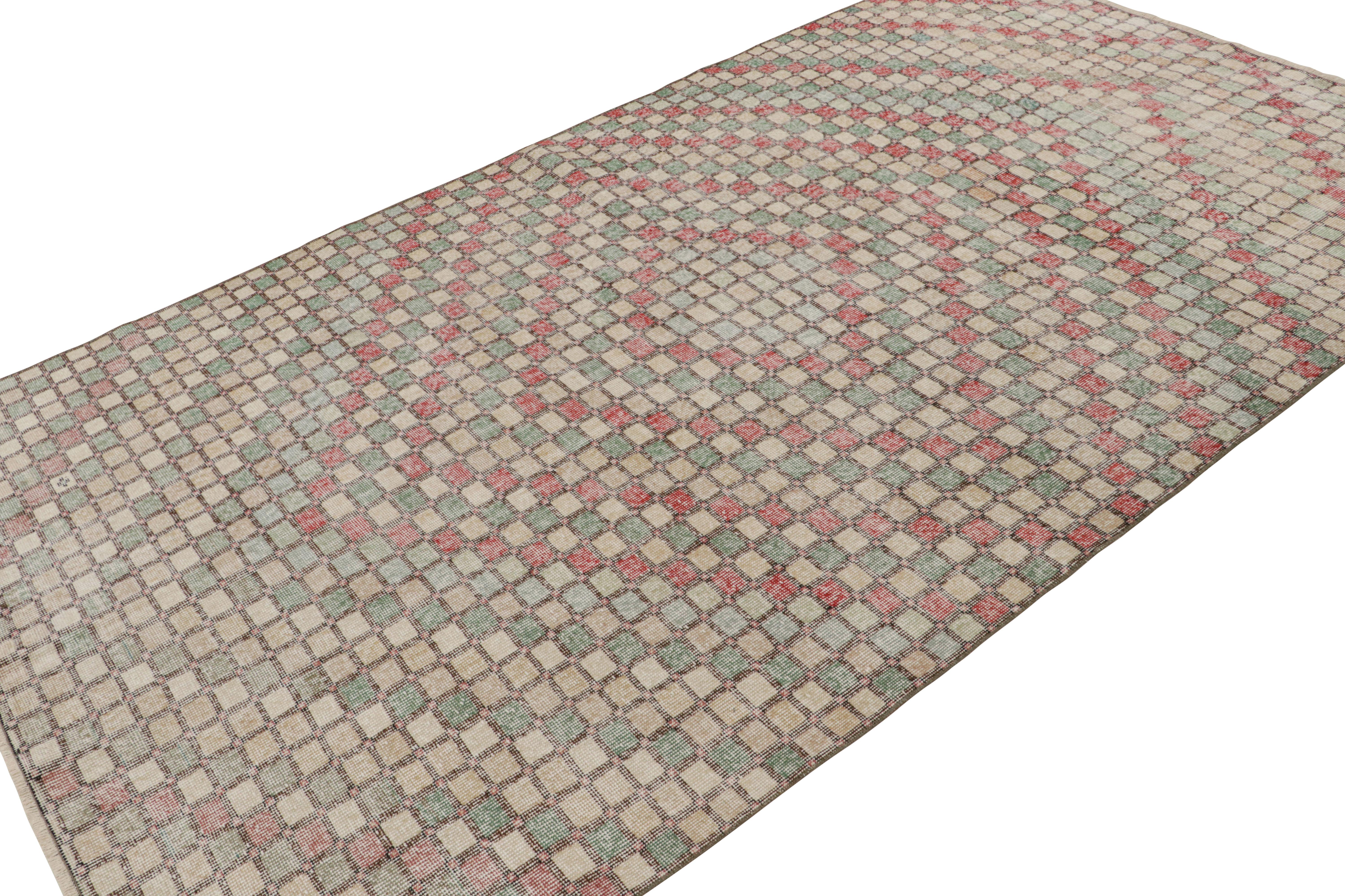Handknotted in wool, this 6x10 vintage rug originates from Turkey, circa 1960-1970 and is believed to hail from the Turkish artist Zeki Muren. 

On the Design:

Keen eyes will note a polychromatic colorway of pastel tones underscoring a geometric