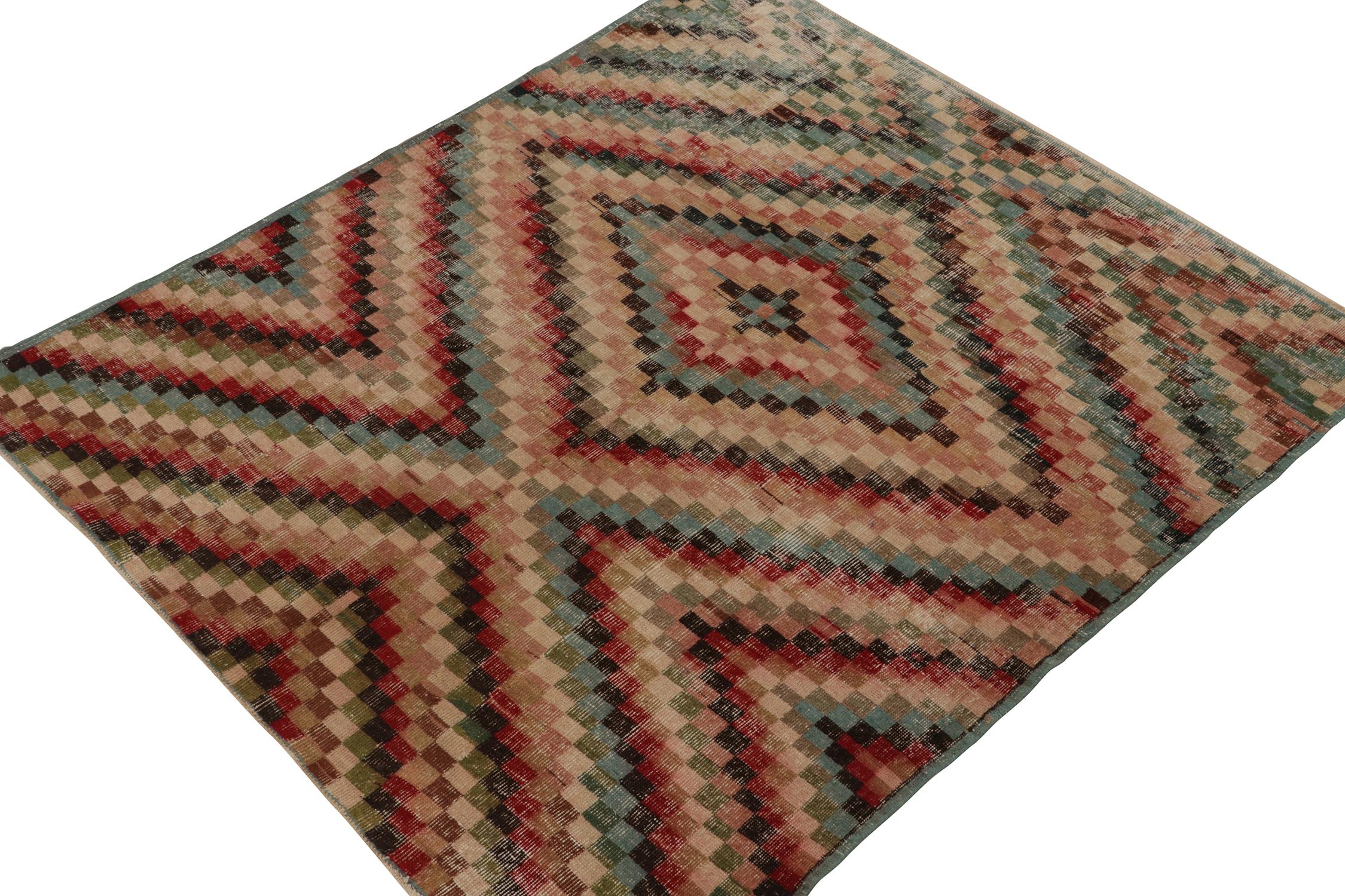 This vintage 6 x 6 rug is a new addition to Rug & Kilim’s commemorative Mid-Century Pasha Collection. This line is a commemoration of rare curations we believe to hail from mid-century Turkish designer Zeki Müren.
Further on the Design:
This