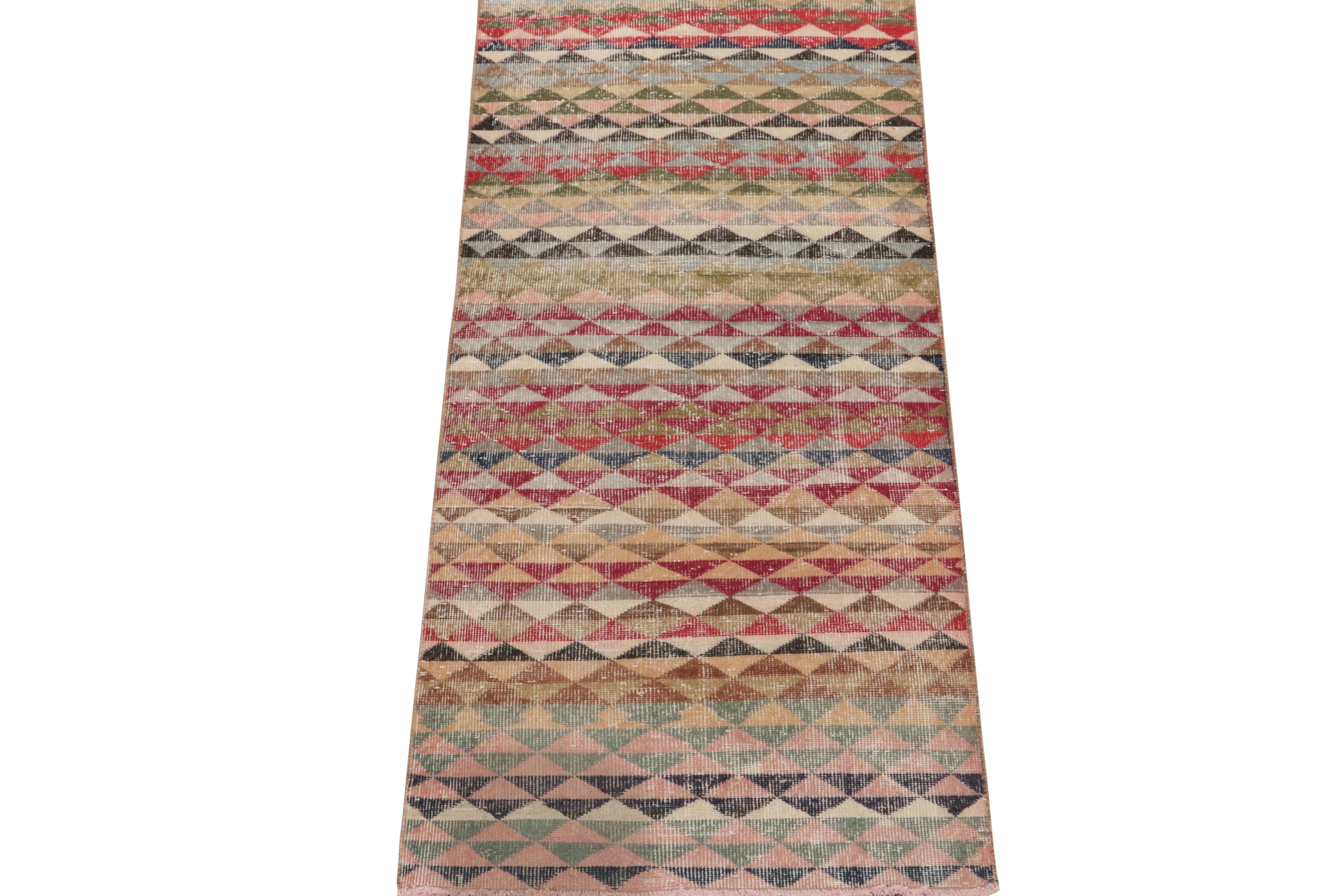 This vintage 3x7 runner is a new addition to Rug & Kilim’s Mid-Century Pasha Collection. This line is a commemoration, with rare curations we believe to hail from multidisciplinary Turkish designer Zeki Müren.
 
Hand-knotted in wool circa 1960-1970,