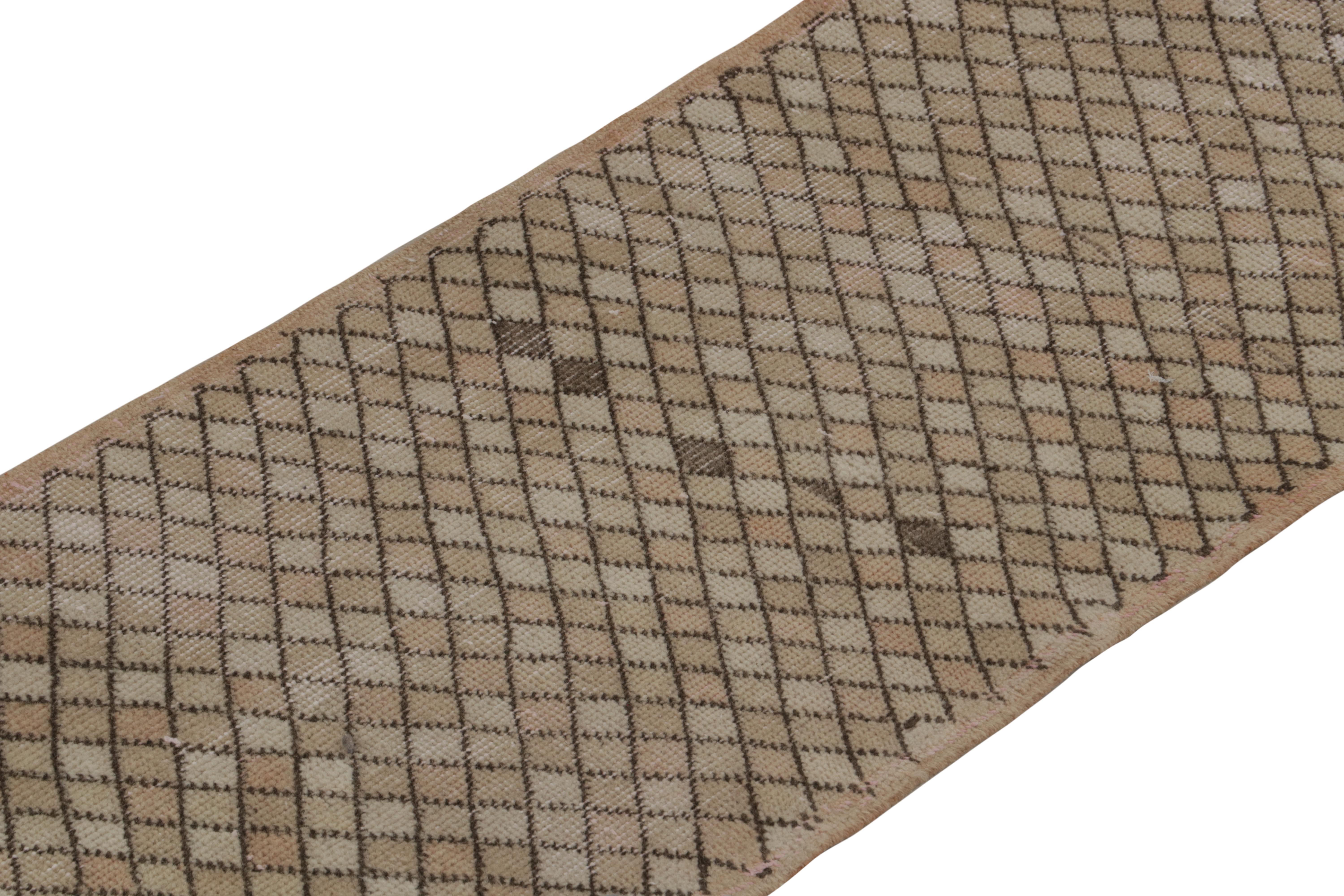 Hand-Knotted Vintage Zeki Müren Runner in Beige-Brown Geometric Pattern For Sale