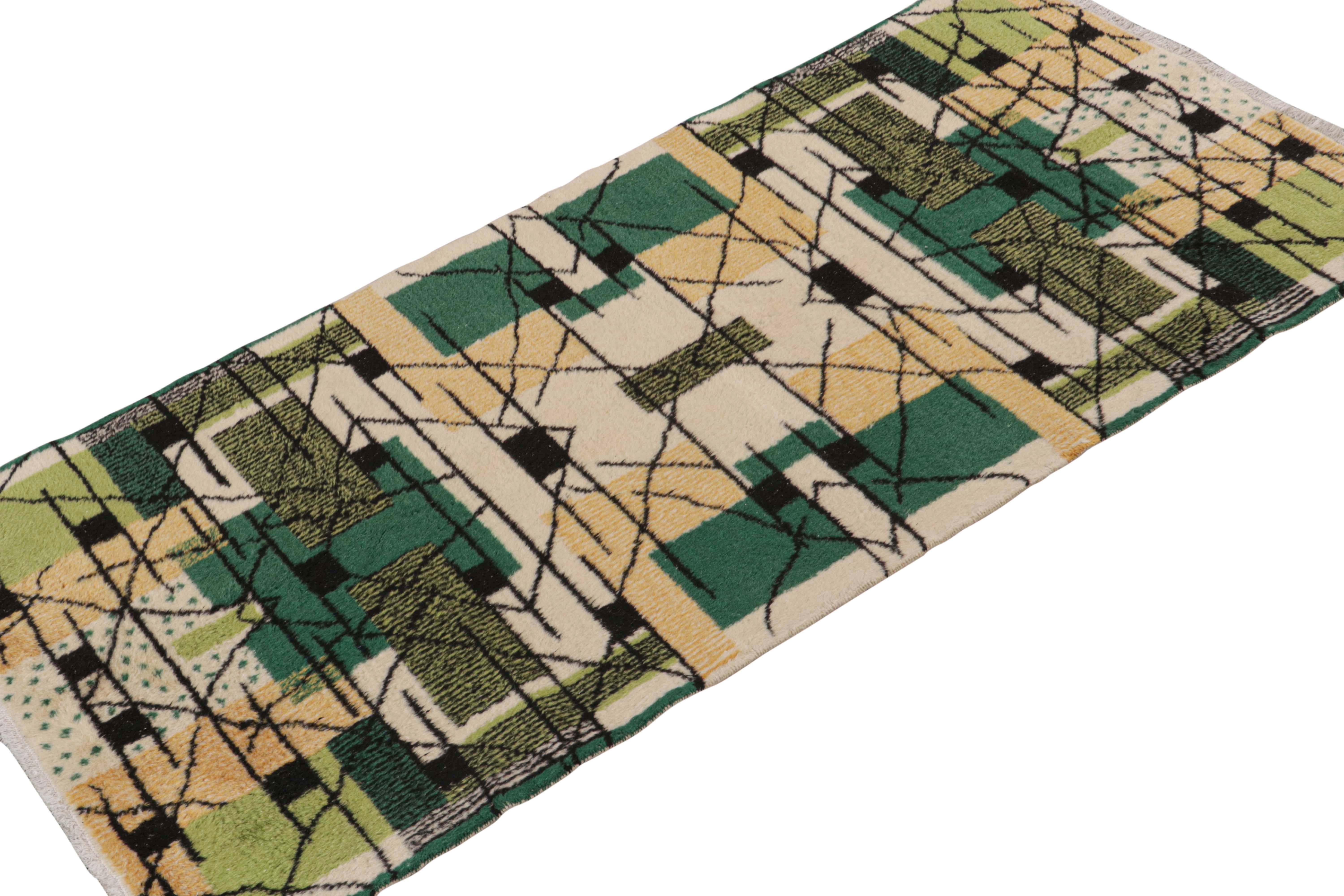 Art Deco Vintage Zeki Müren Runner in Beige, Gold & Green Patterns by Rug & Kilim For Sale