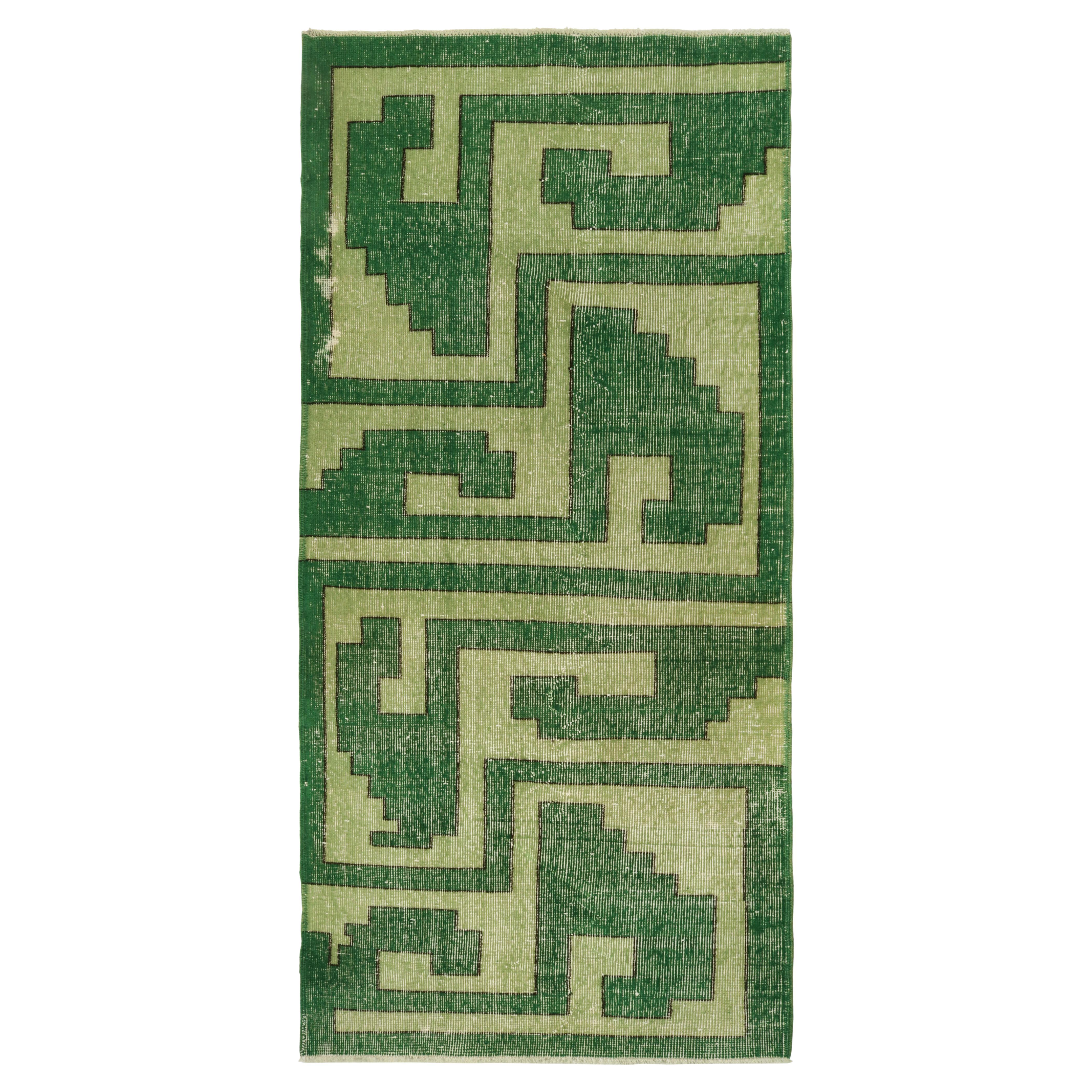 Vintage Zeki Muren Runner in Green Geometric Patterns, by Rug & Kilim