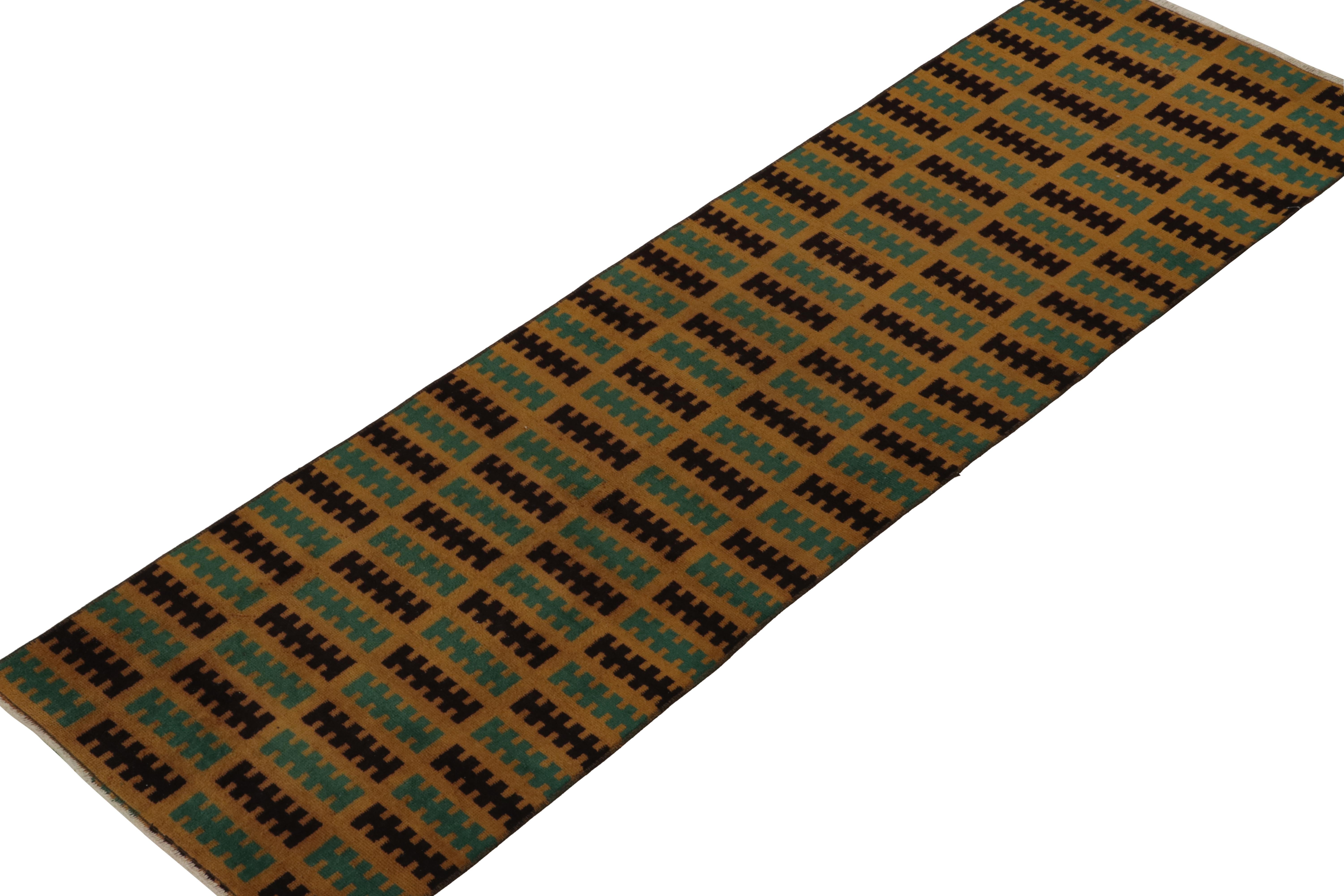 Turkish Vintage Zeki Müren Runner in Ochre, Teal & Black Geometric Pattern, Rug & Kilim For Sale