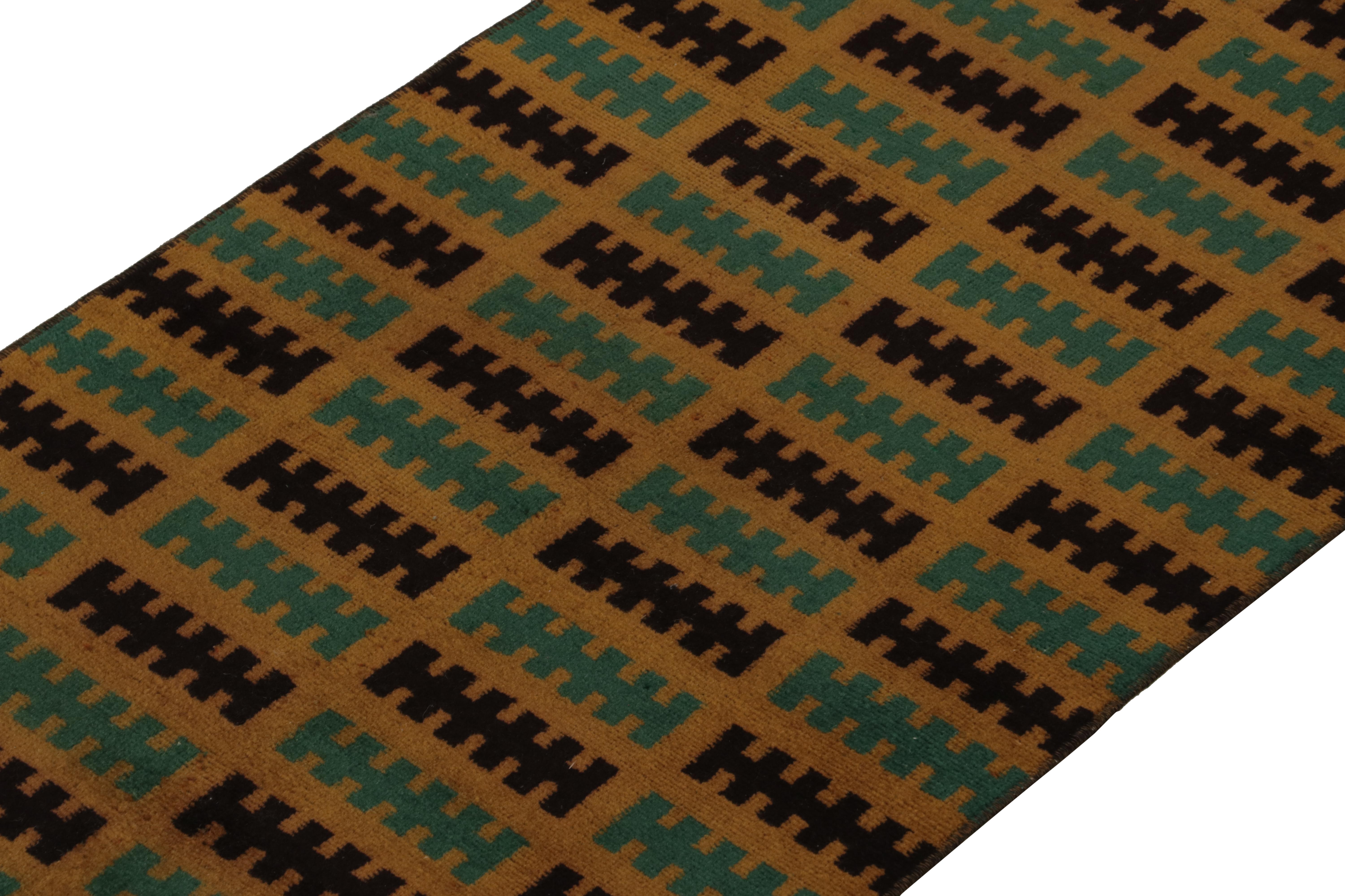 Hand-Knotted Vintage Zeki Müren Runner in Ochre, Teal & Black Geometric Pattern, Rug & Kilim For Sale