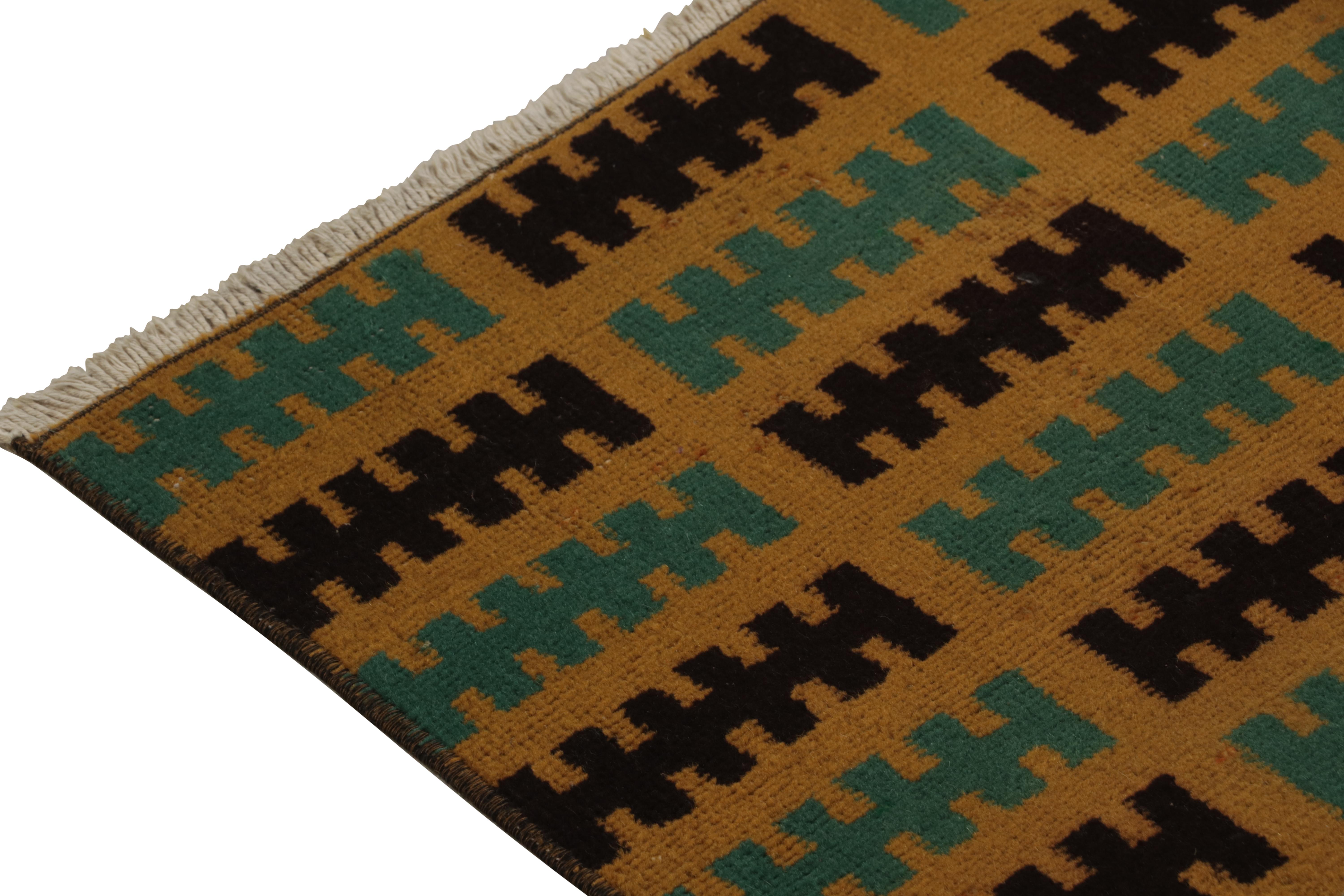 Vintage Zeki Müren Runner in Ochre, Teal & Black Geometric Pattern, Rug & Kilim In Good Condition For Sale In Long Island City, NY