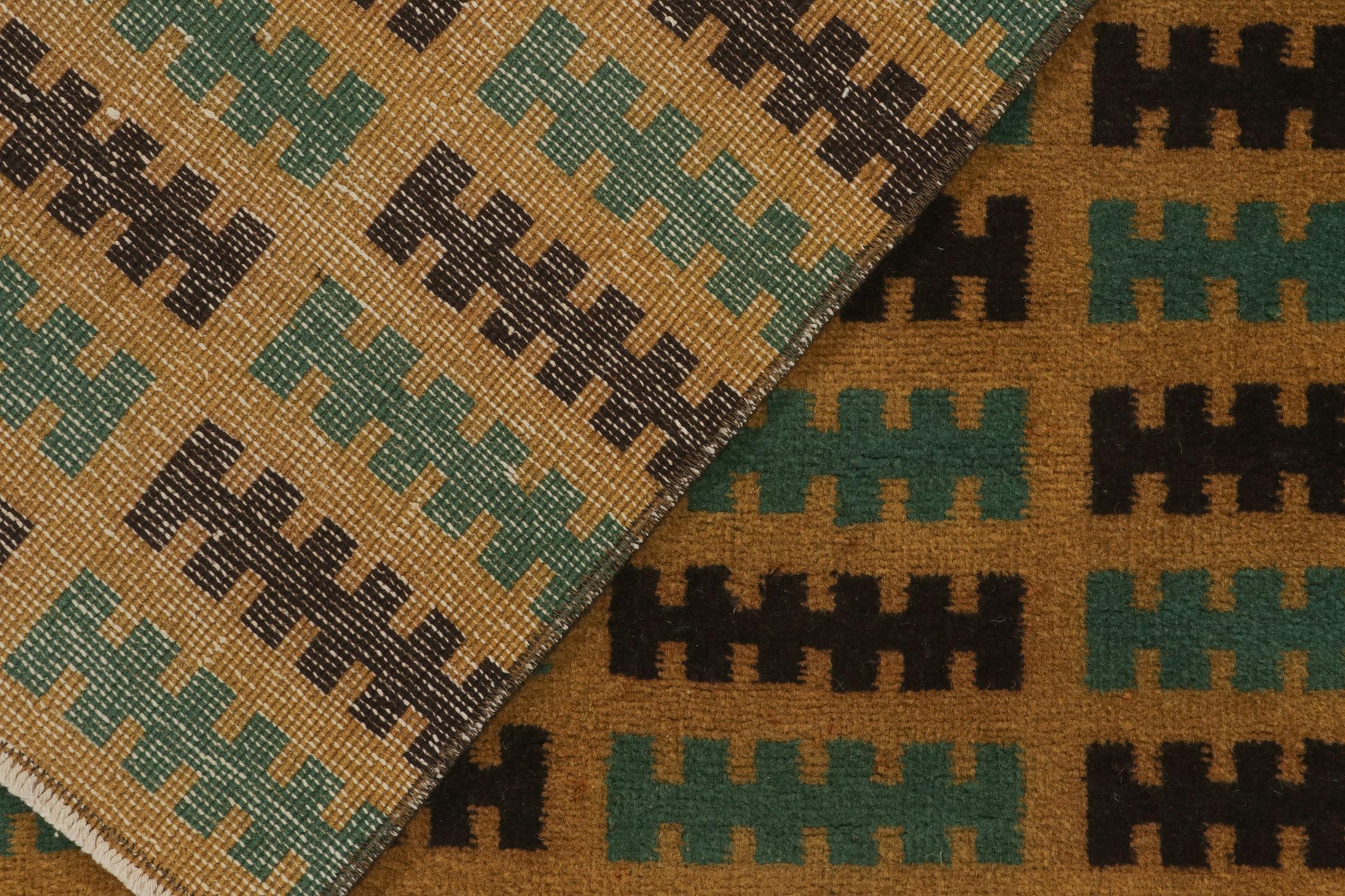 Wool Vintage Zeki Müren Runner in Ochre, Teal & Black Geometric Pattern, Rug & Kilim For Sale