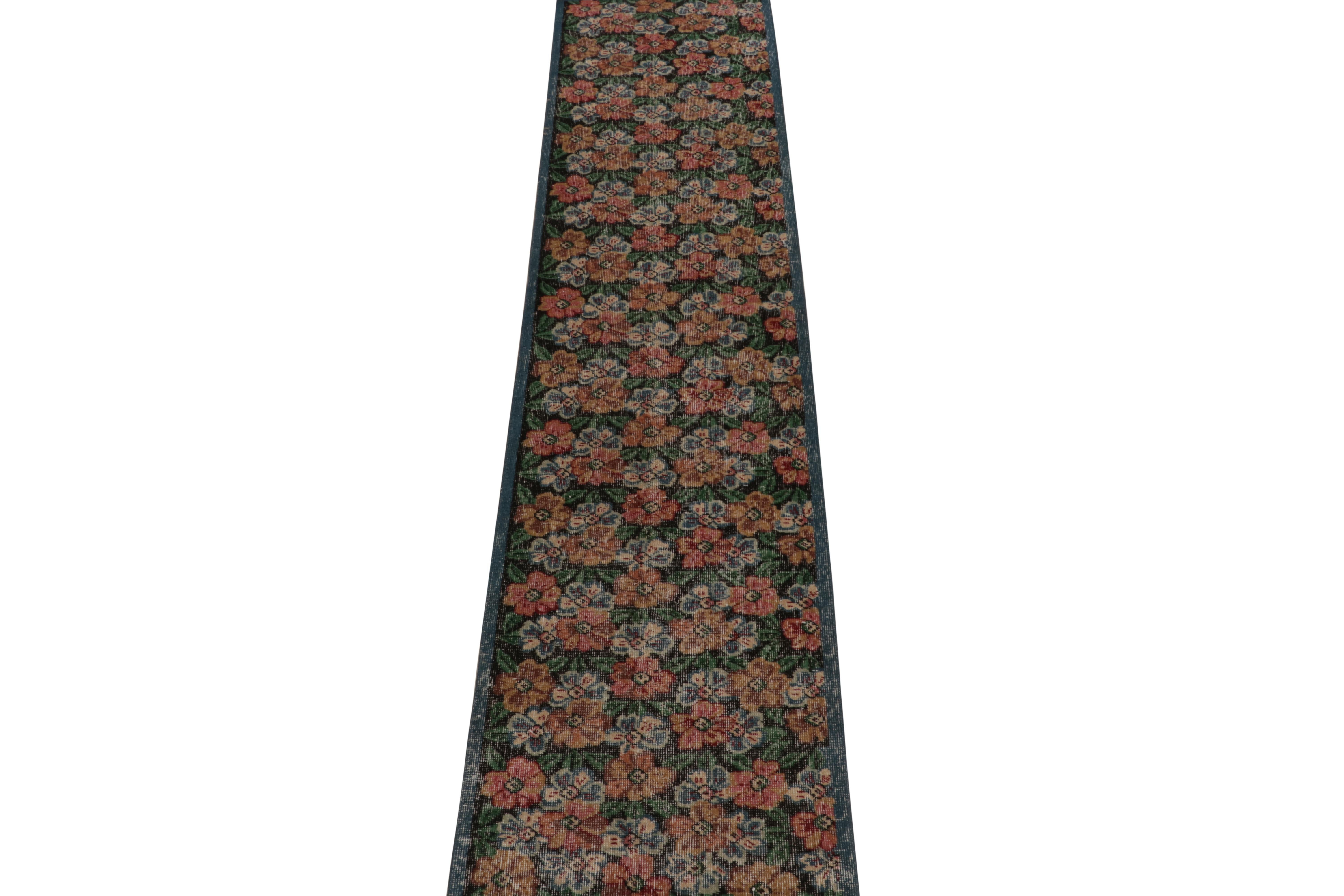 This vintage 2x10 runner is a new addition to Rug & Kilim’s commemorative Mid-Century Pasha Collection. This line is a commemoration of rare curations we believe to hail from mid-century Turkish designer Zeki Müren.
Further on the Design:
This
