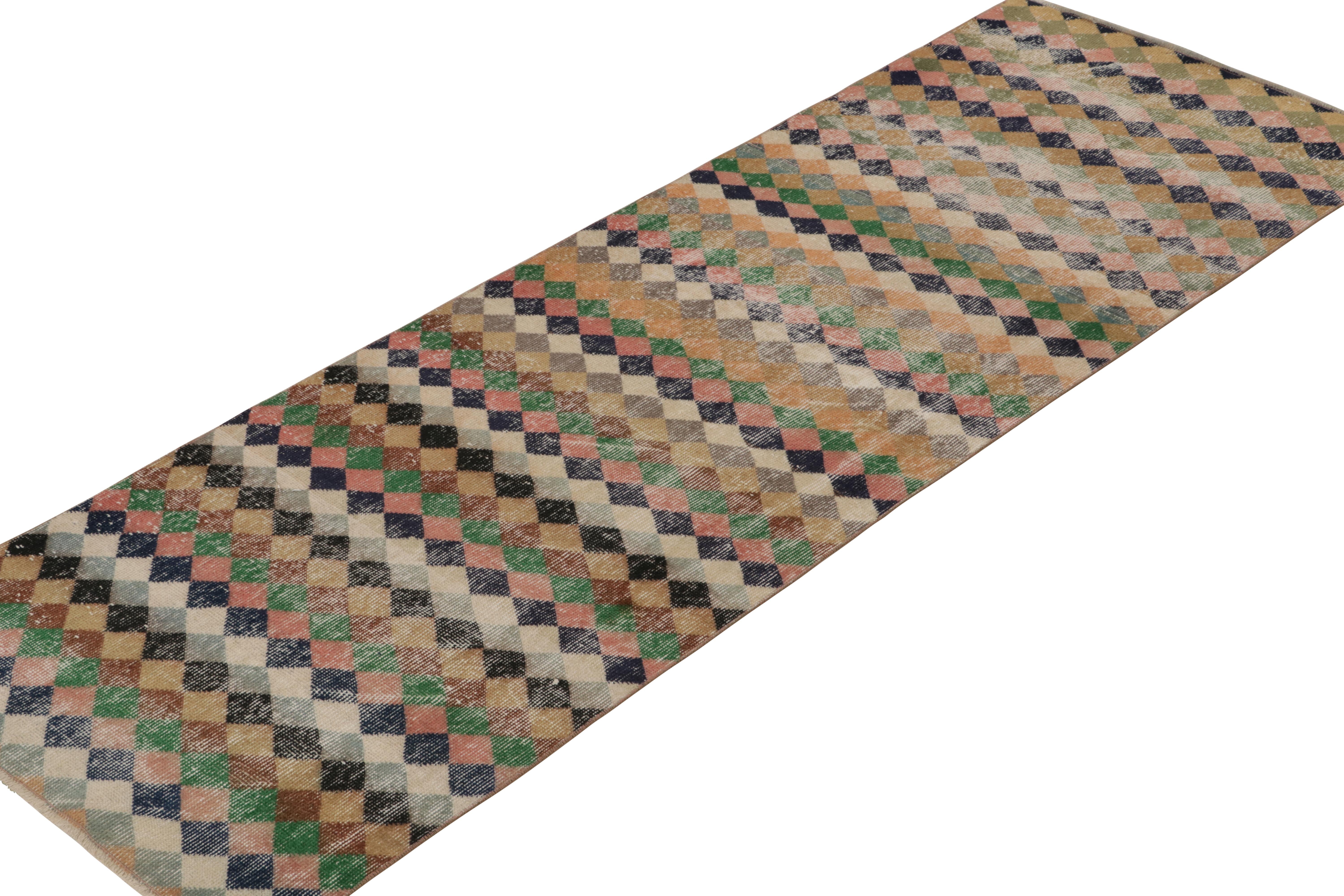 This vintage 3x9 runner is a new addition to Rug & Kilim’s commemorative Mid-Century Pasha Collection. This line is a commemoration of rare curations we believe to hail from mid-century Turkish designer Zeki Müren.

Further on the Design:

This