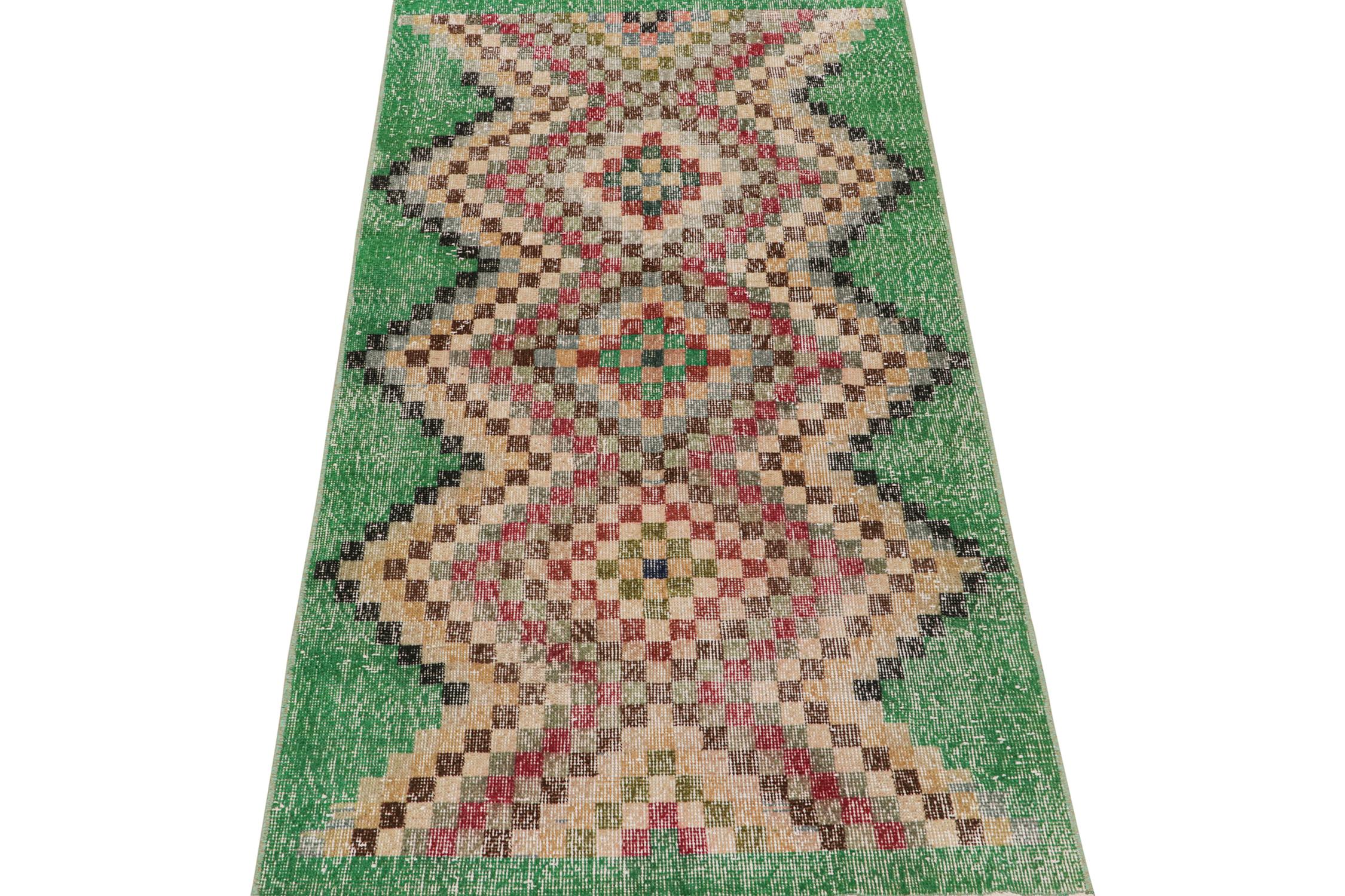 This vintage 3x7 runner is a new addition to Rug & Kilim’s Mid-Century Pasha Collection. This line is a commemoration, with rare curations we believe to hail from multidisciplinary Turkish designer Zeki Müren. 

Further on the Design:

This