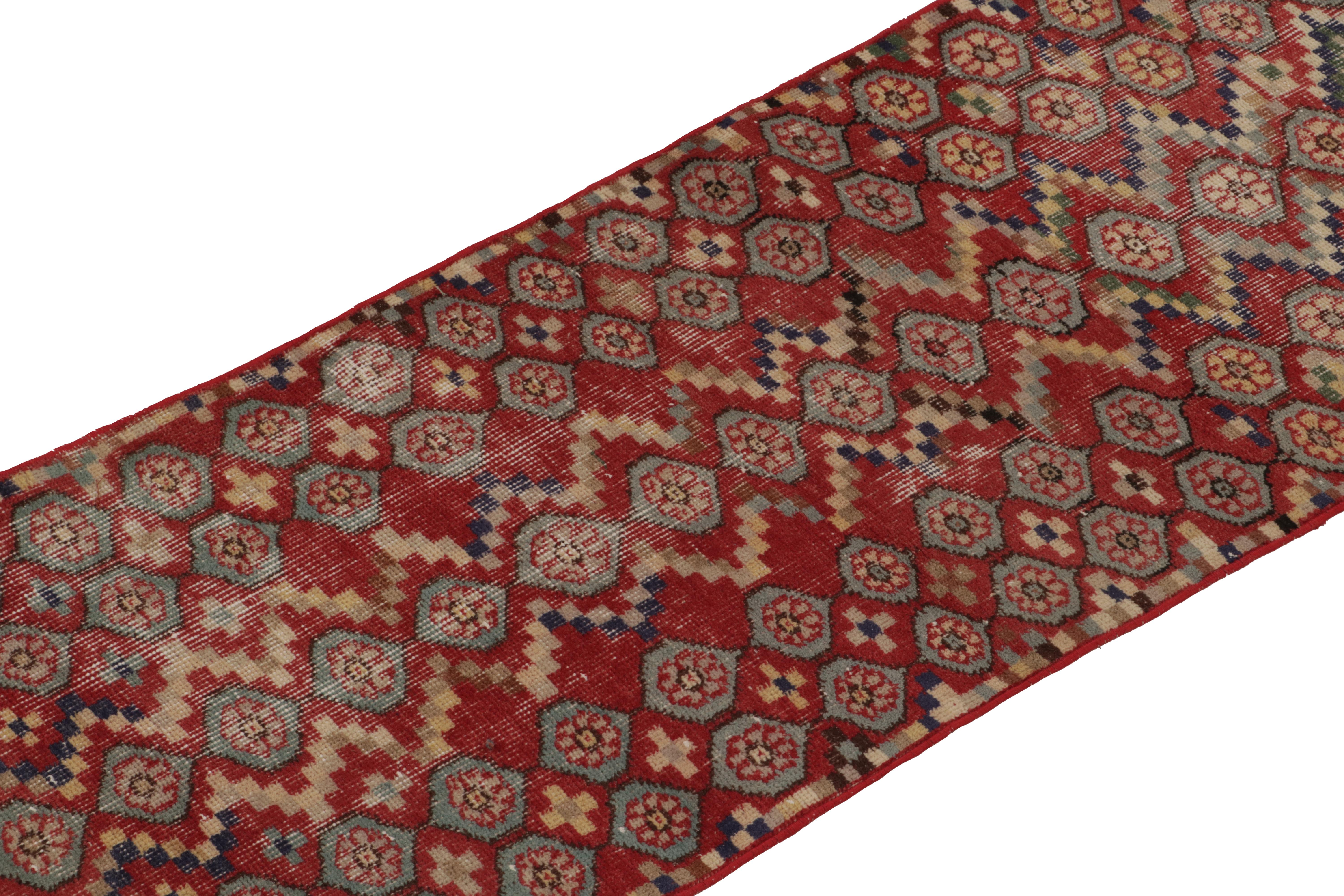 Hand-Knotted Vintage Zeki Müren runner in Red with Blue Geometric Pattern, by Rug & Kilim For Sale