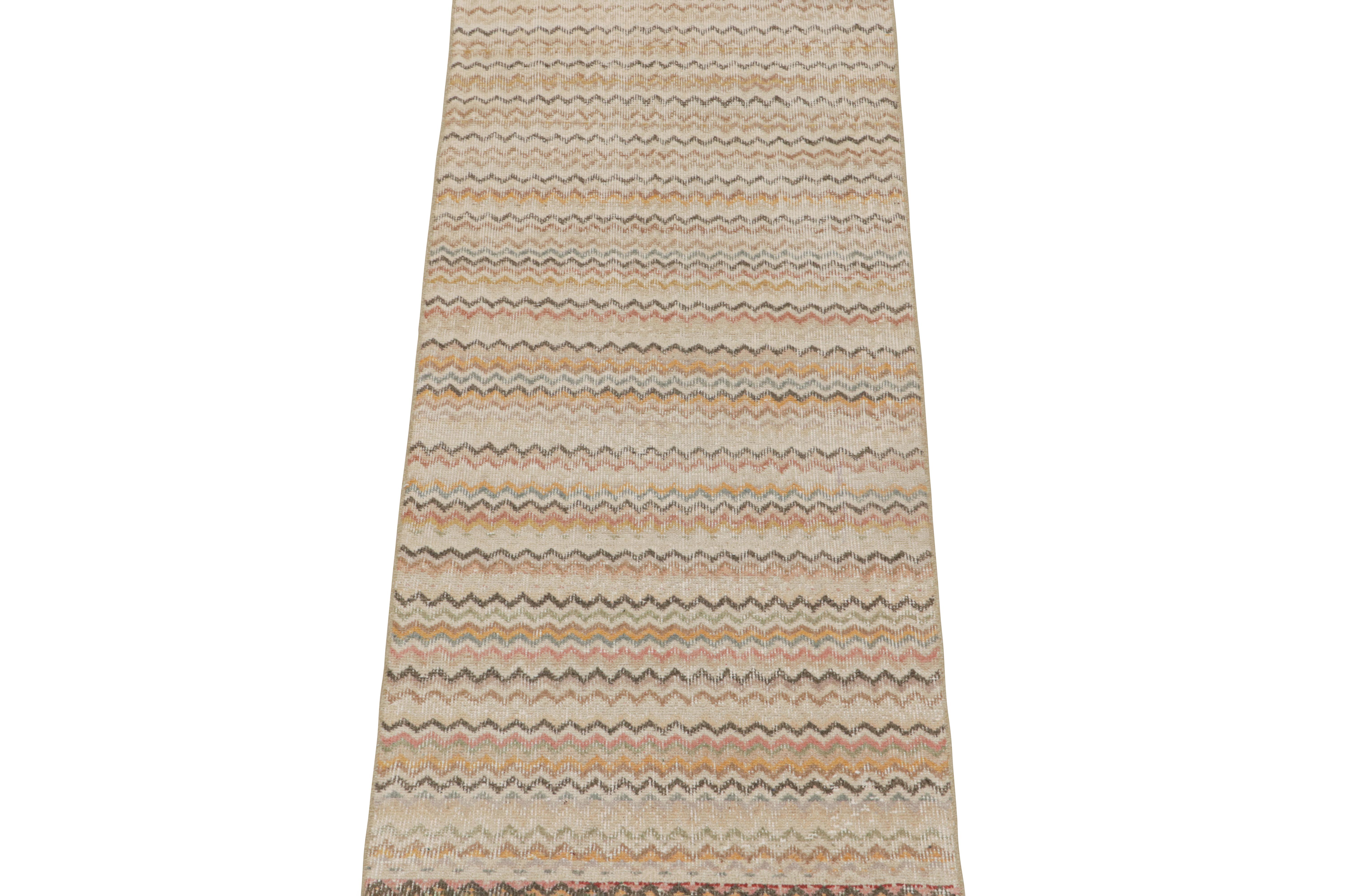 This vintage 3x6 runner is a new addition to Rug & Kilim’s Mid-Century Pasha Collection. This line is a commemoration, with rare curations we believe to hail from multidisciplinary Turkish designer Zeki Müren.
 
Hand-knotted in wool circa