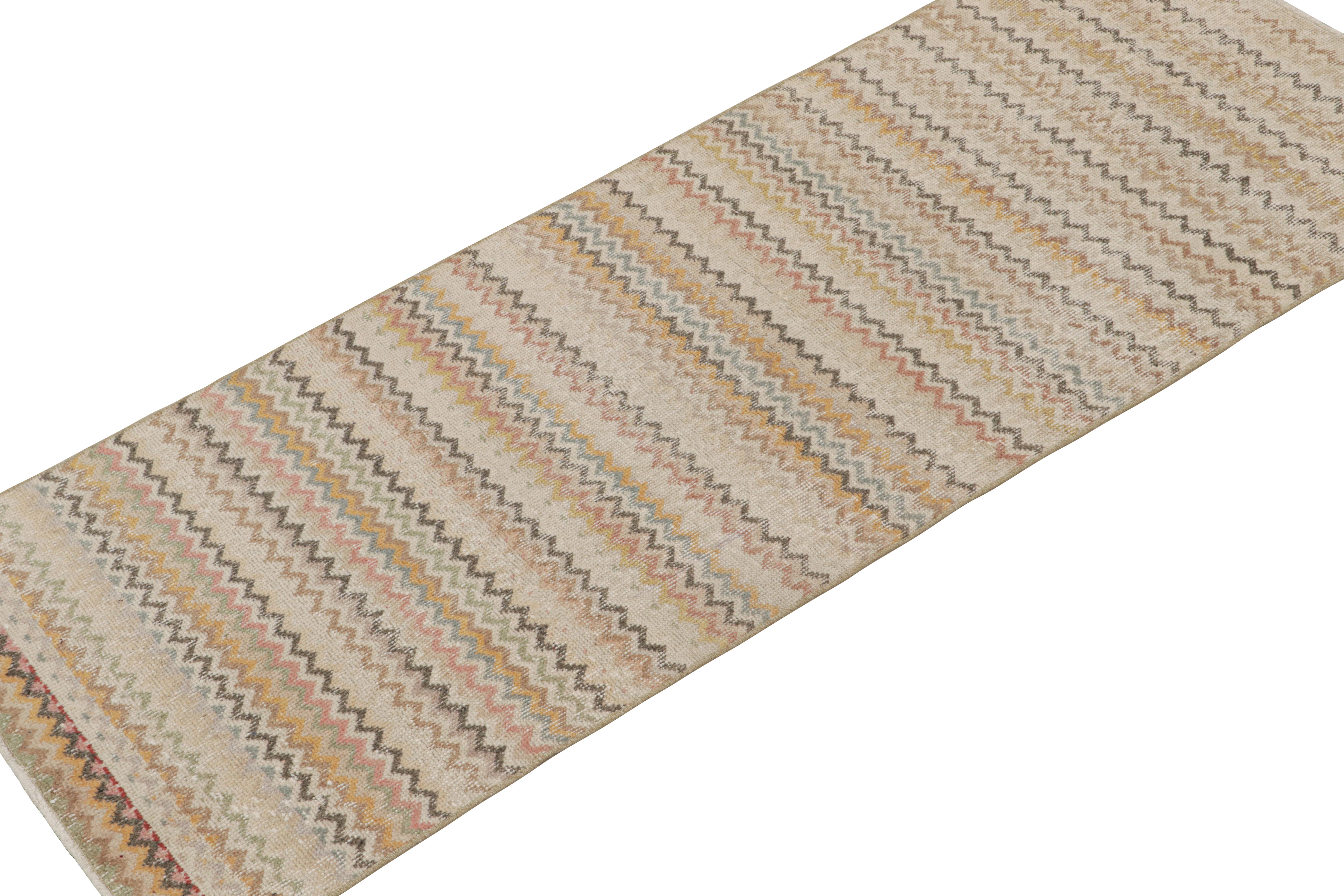 Turkish Vintage Zeki Müren Runner in Taupe with Polychromatic Chevrons by Rug & Kilim For Sale
