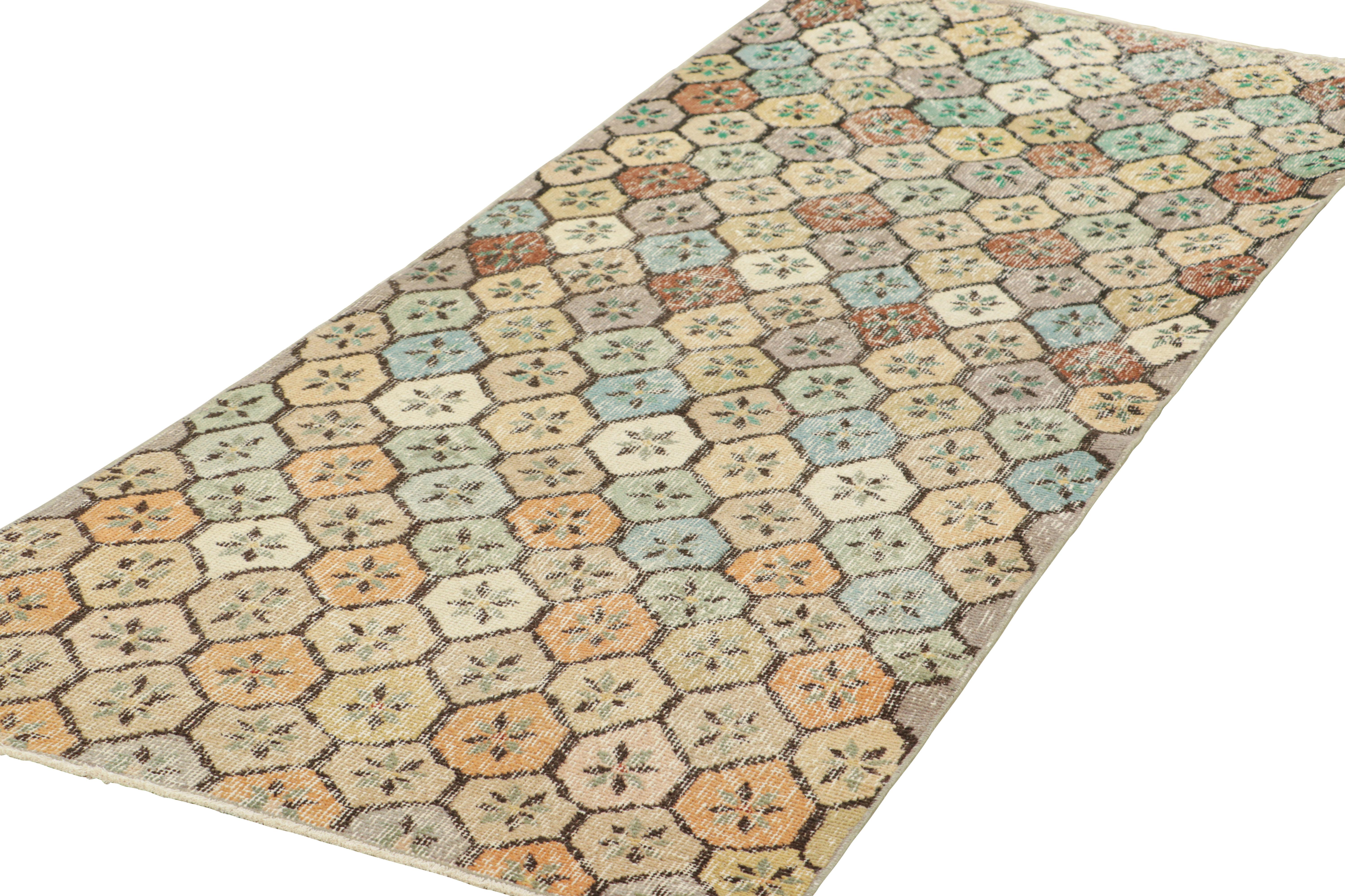 Hand-Knotted Vintage Zeki Müren Runner Rug in Beige-Brown with Geometric Pattern Rug & Kilim For Sale