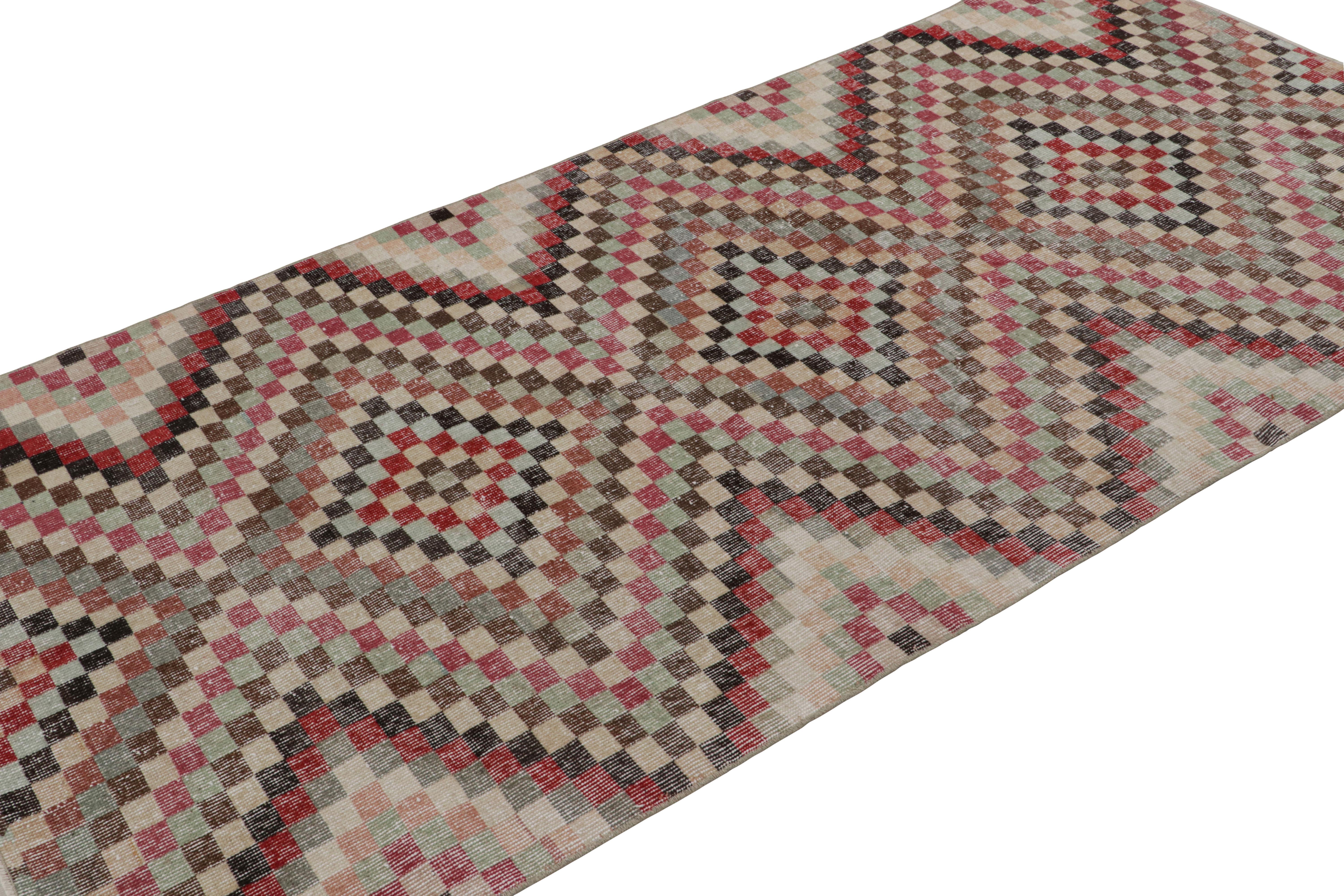 Handknotted in wool, this 4x8 vintage Art deco Zeki Múren rug originates from Turkey, circa 1960-1970 and is latest to join Rug & Kilim’s repertoire of vintage selections. 

On the Design:

Connoisseurs will admire polychromatic colorways with a