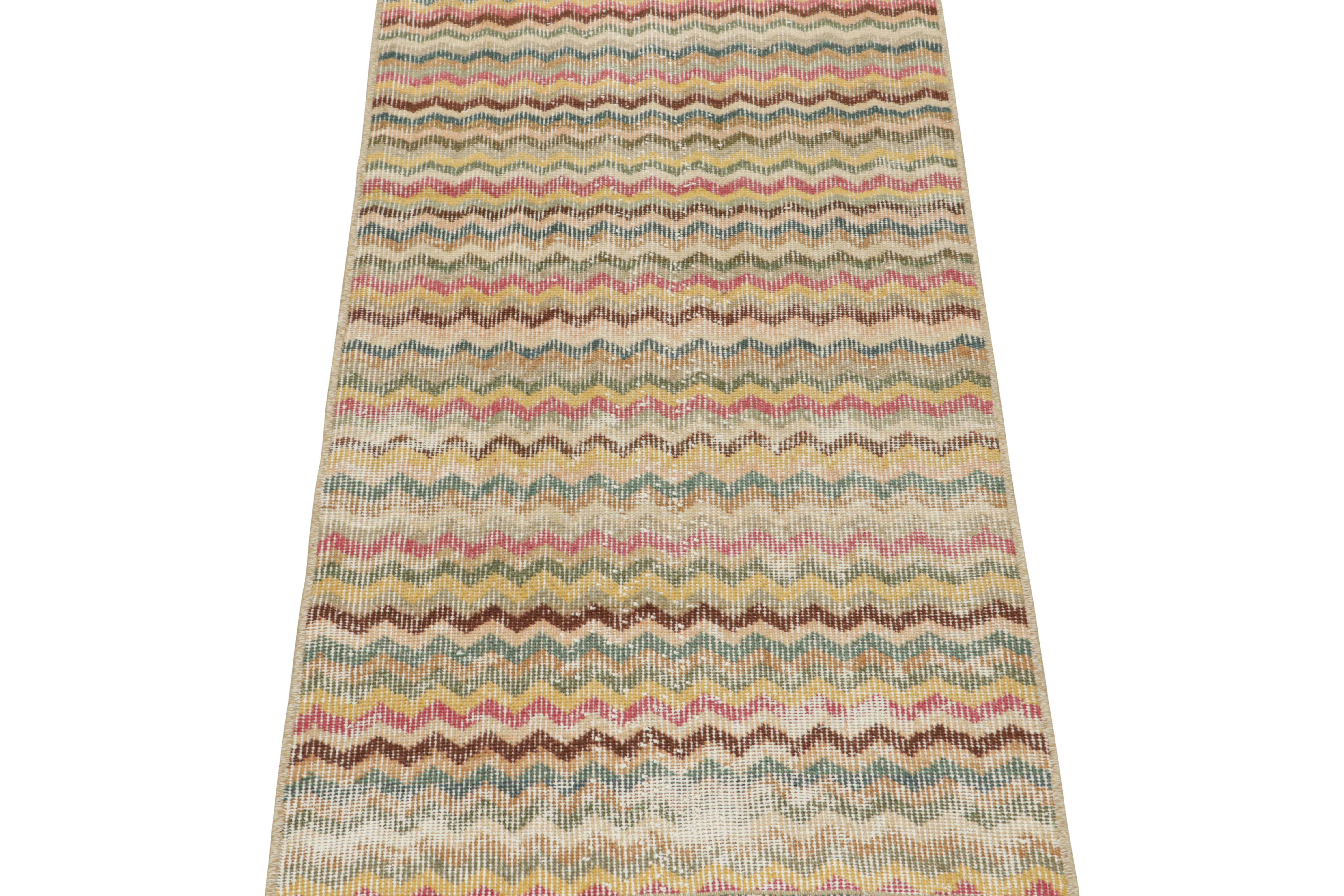 This vintage 2x5 runner is a new addition to Rug & Kilim’s midcentury Pasha Collection. This line is a commemoration, with rare curations we believe to hail from multidisciplinary Turkish designer Zeki Müren.

Further on the Design:

This