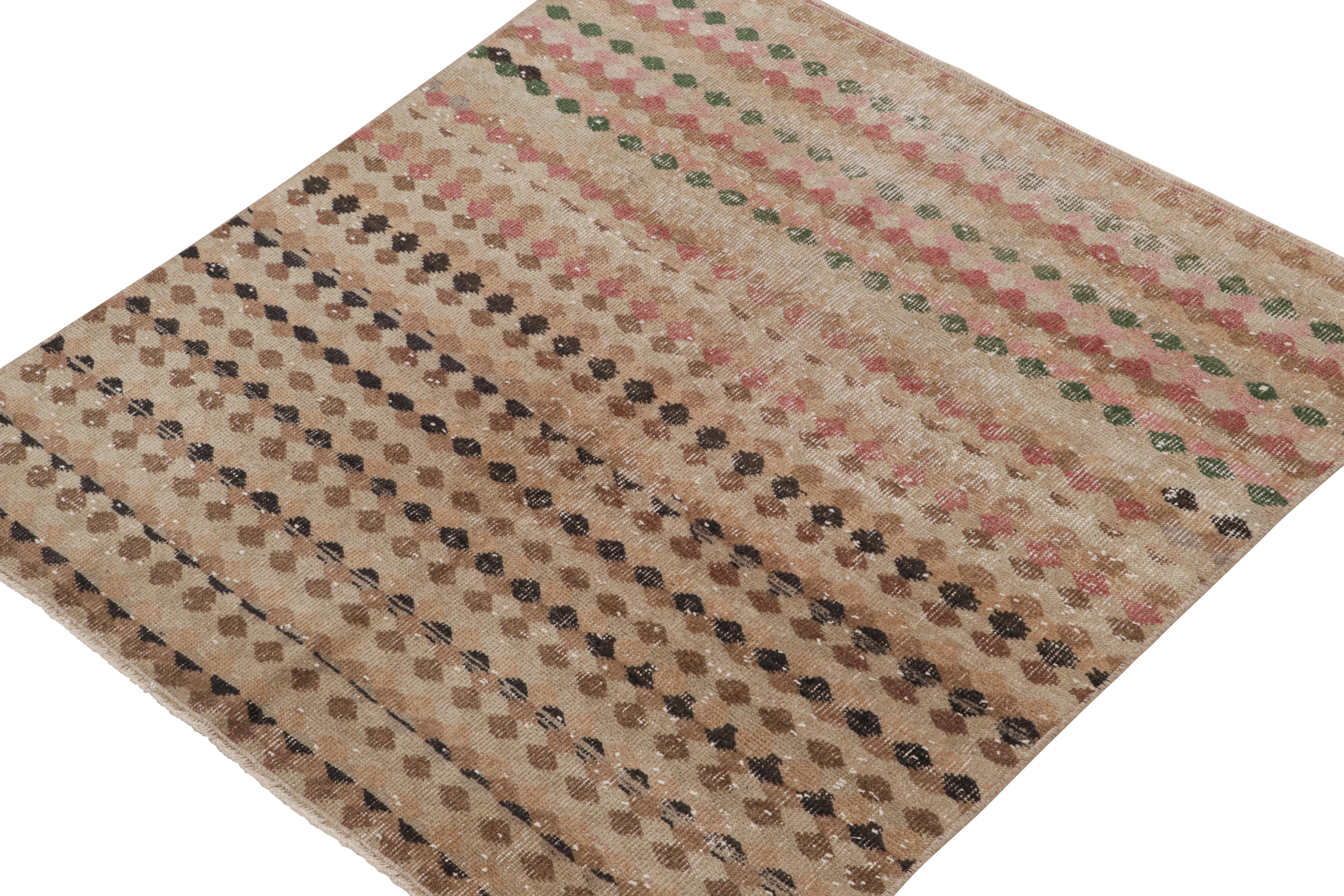 This vintage 4x4 square rug is a new addition to Rug & Kilim’s midcentury Pasha Collection. This line is a commemoration, with rare curations we believe to hail from multidisciplinary Turkish designer Zeki Müren. 
Further on the Design:

This