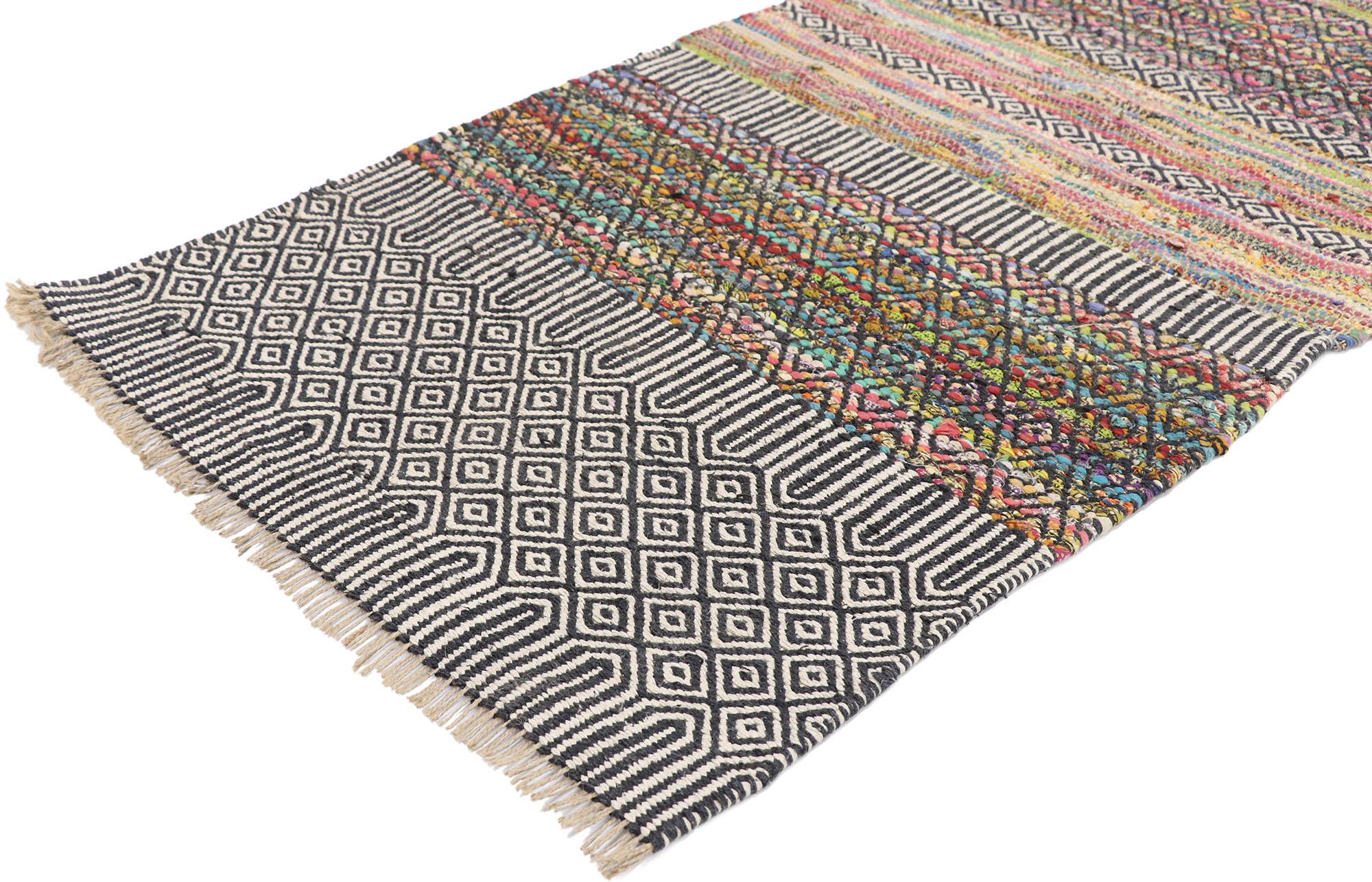 77648 vintage Zemmour Berber Moroccan Kilim rug with Boho Chic Tribal style. Full of tiny details and a bold expressive design combined with vibrant colors and tribal vibes, this hand-woven wool vintage Zemmour Berber Moroccan kilim rug is a