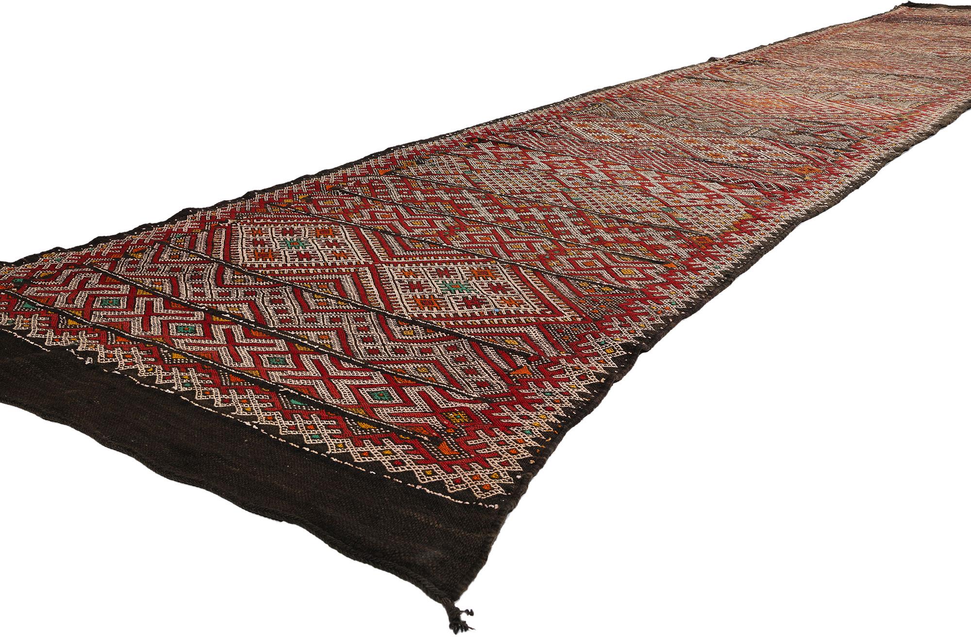 21842 Vintage Zemmour Moroccan Kilim Rug Runner, 03'07 x 20'04. Introducing our exquisite handwoven wool hanbel rug, a captivating extra-long Moroccan kilim runner hailing from the skilled artisans of the Zemmour Tribe in the Middle Atlas Mountains