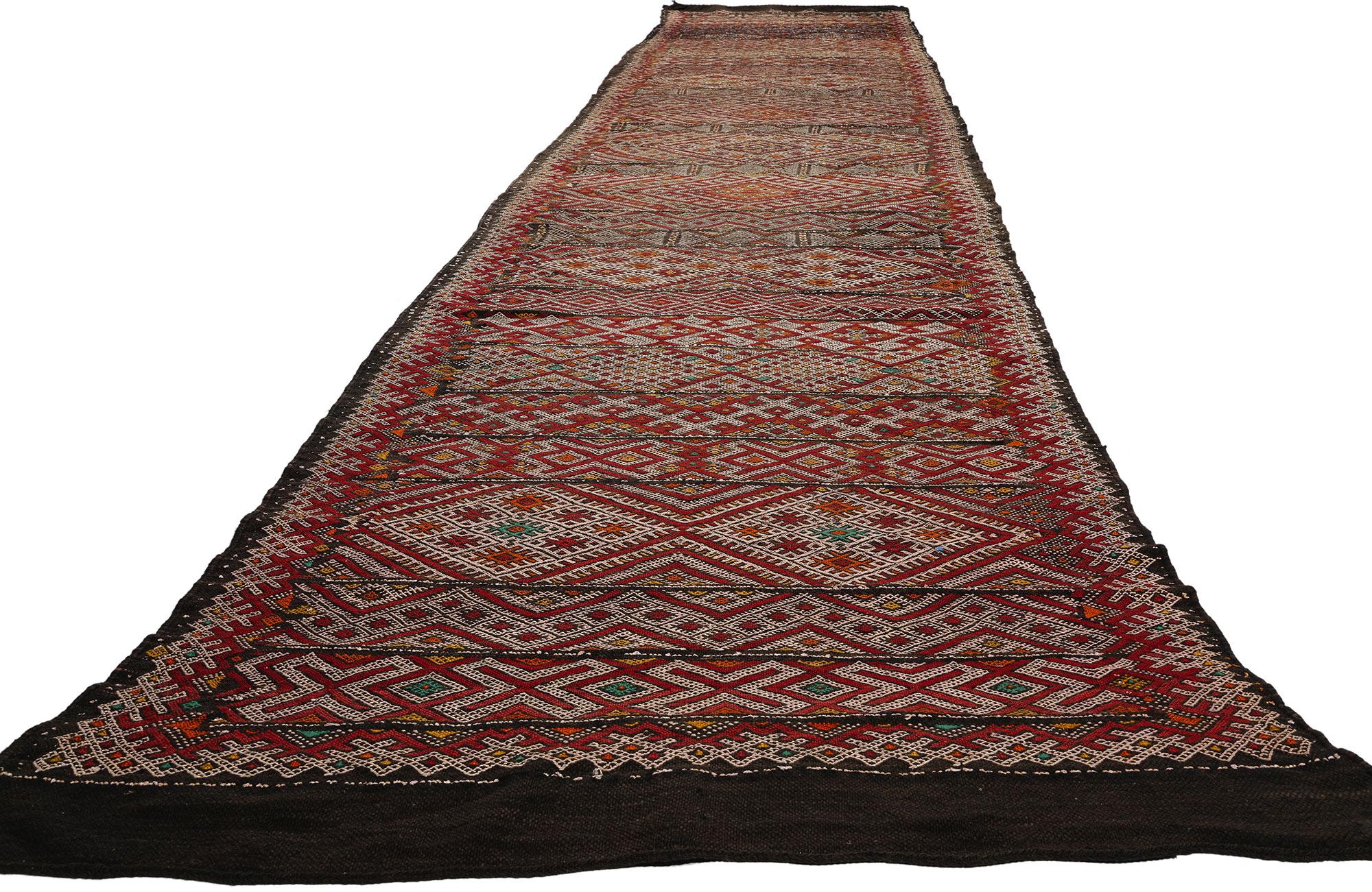 Tribal Vintage Zemmour Moroccan Flatweave Carpet, 03'07 x 20'04 For Sale