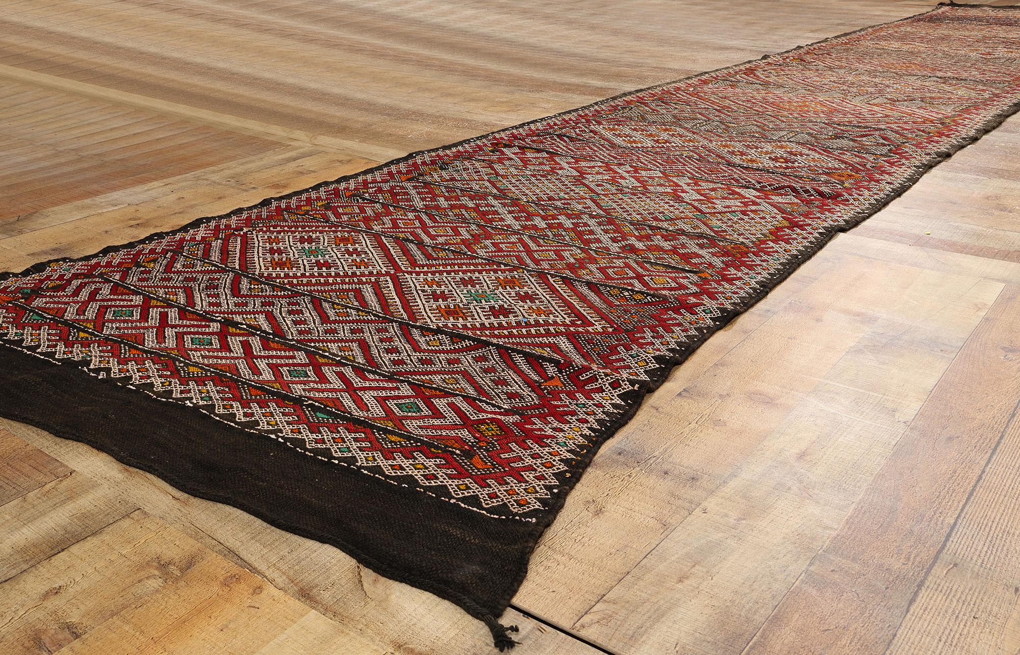 Wool Vintage Zemmour Moroccan Flatweave Carpet, 03'07 x 20'04 For Sale