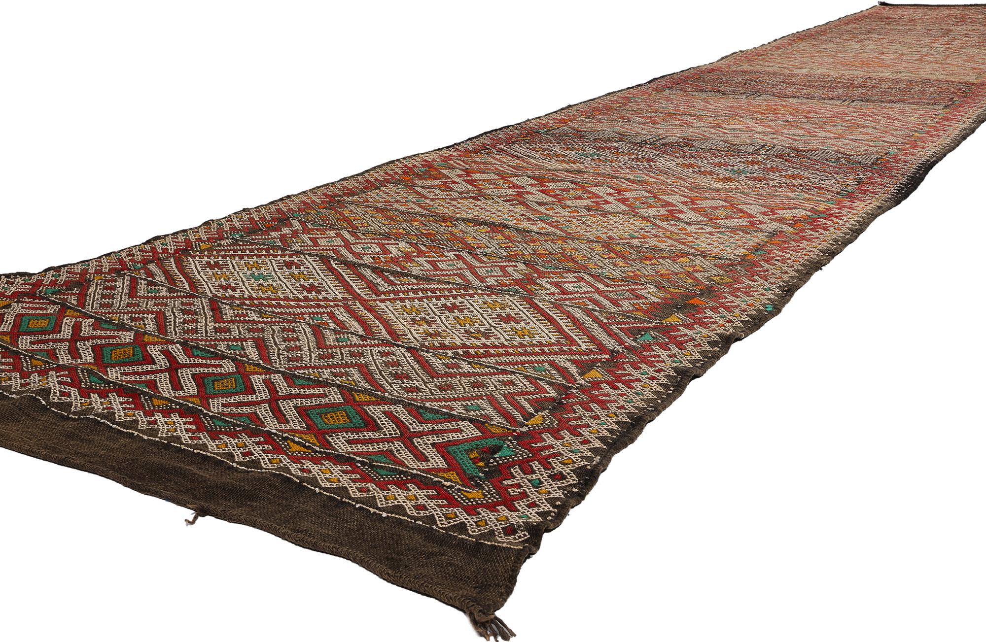 21849 Vintage Zemmour Moroccan Rug Runner, 03'10 x 21'06. 
Presenting anexquisite handwoven wool hanbel rug, a captivating extra-long Moroccan kilim runner crafted by the skilled artisans of the Zemmour Tribe nestled in the Middle Atlas Mountains of