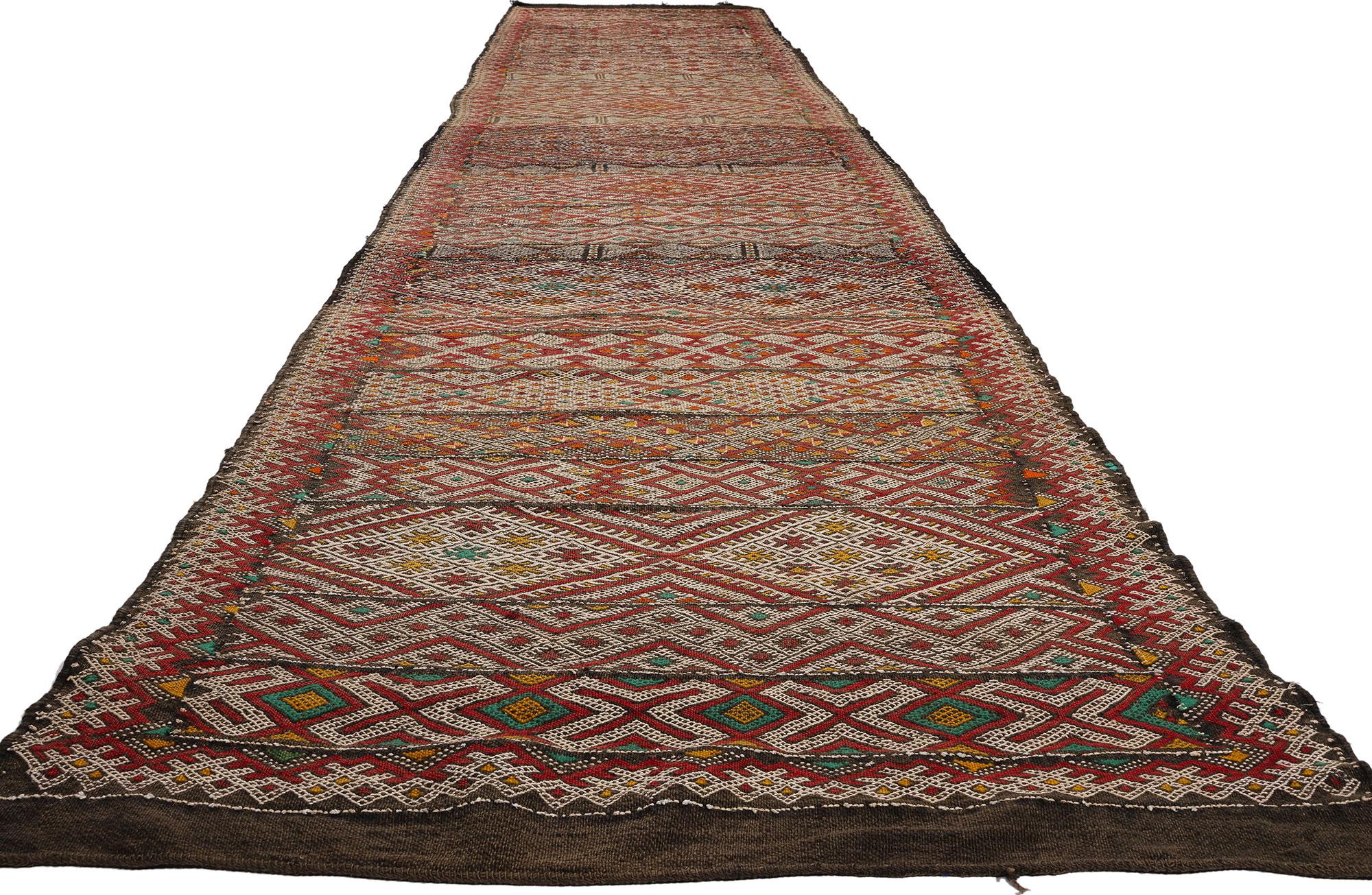 Tribal Vintage Zemmour Moroccan Flatweave Carpet, 03'10 x 21'06 For Sale