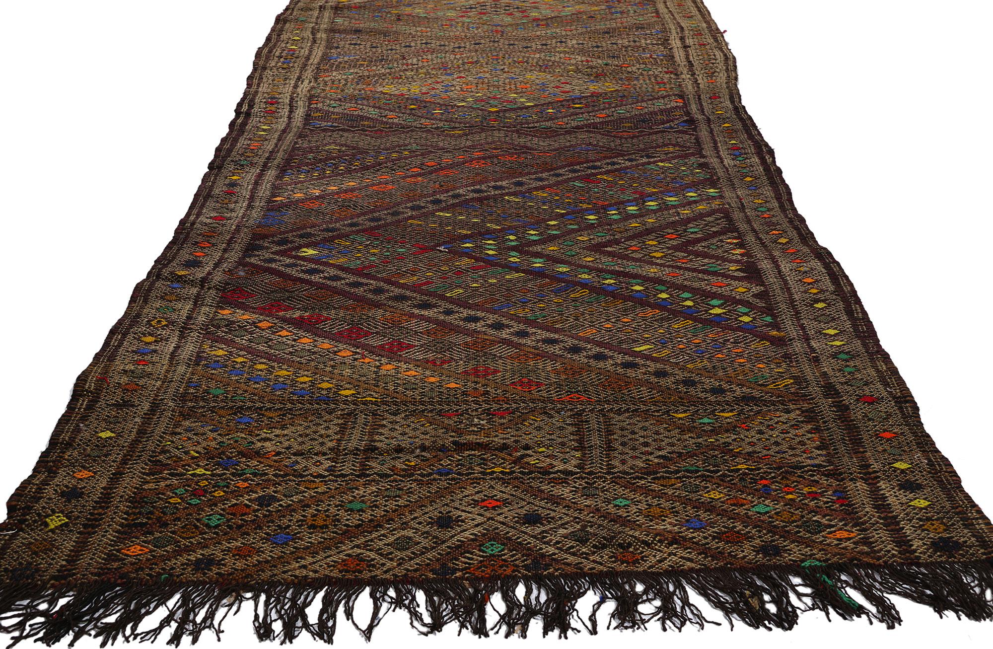 21845 Vintage Zemmour Moroccan Rug, 03'01 x 16'05. Presenting an enchanting Moroccan kilim rug runner, exquisitely handwoven by the skilled artisans of the Zemmour Tribe nestled in the picturesque Middle Atlas Mountains of Morocco. Infused with the