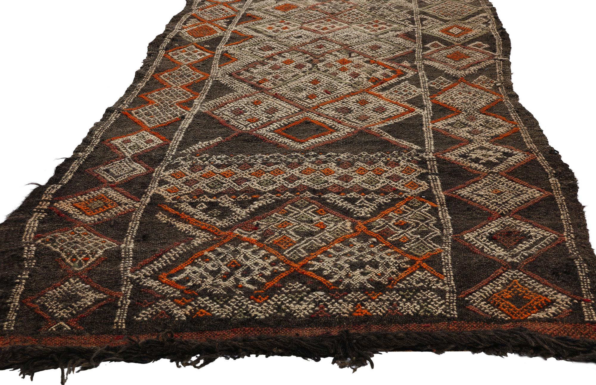 21779 Vintage Moroccan Zemmour Kilim Rug, 03'00 x 18'00. Introducing a captivating Moroccan kilim rug runner, intricately handwoven by the skilled artisans of the Zemmour Tribe nestled in the scenic Middle Atlas Mountains of Morocco. Infused with