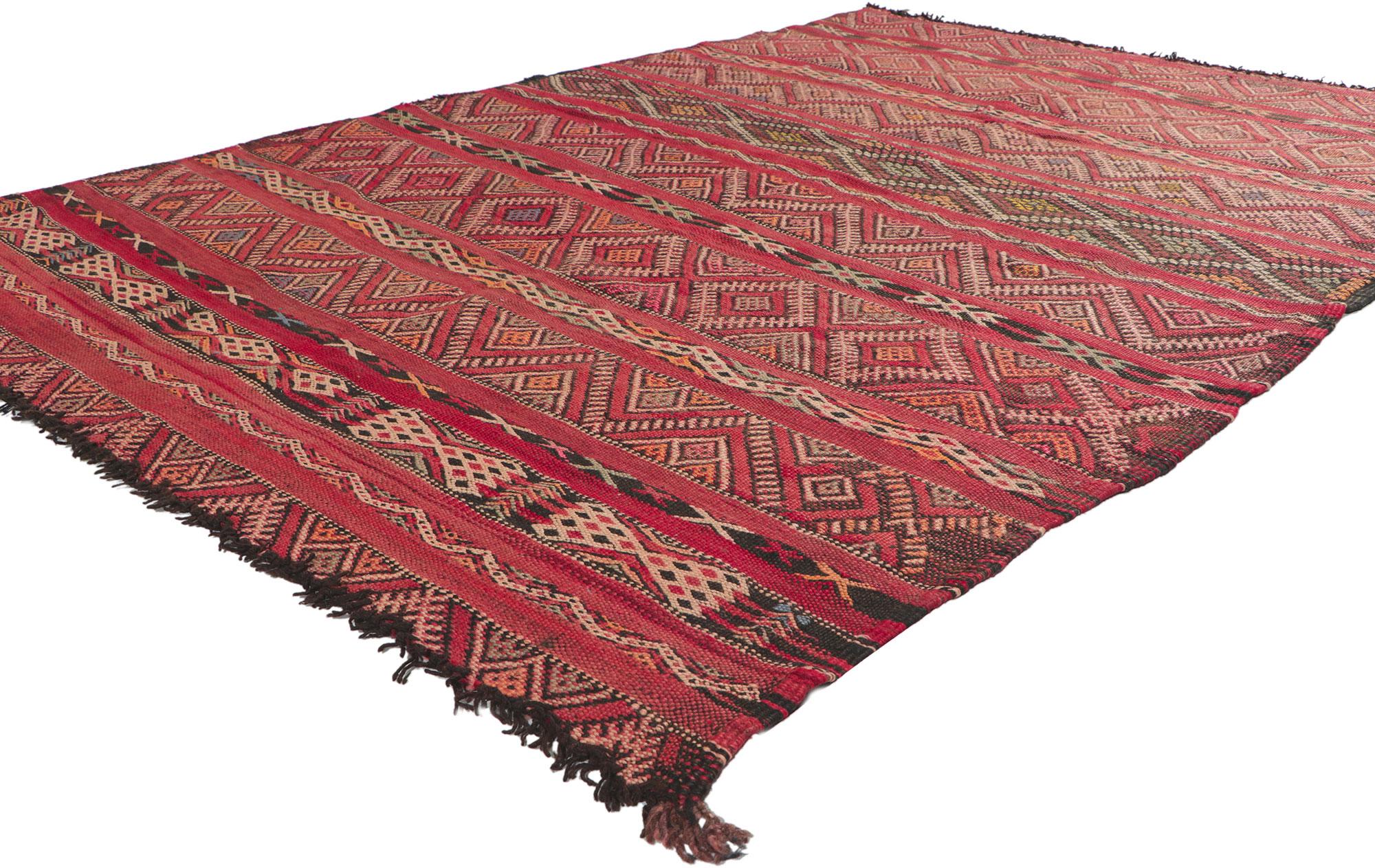 ?78397 Vintage Zemmour Moroccan Kilim rug, 05'03 x 07'09. ?Full of tiny details and tribal style, this hand-woven wool vintage Zemmour Berber Moroccan kilim rug is a captivating vision of woven beauty. The eye-catching geometric pattern woven into