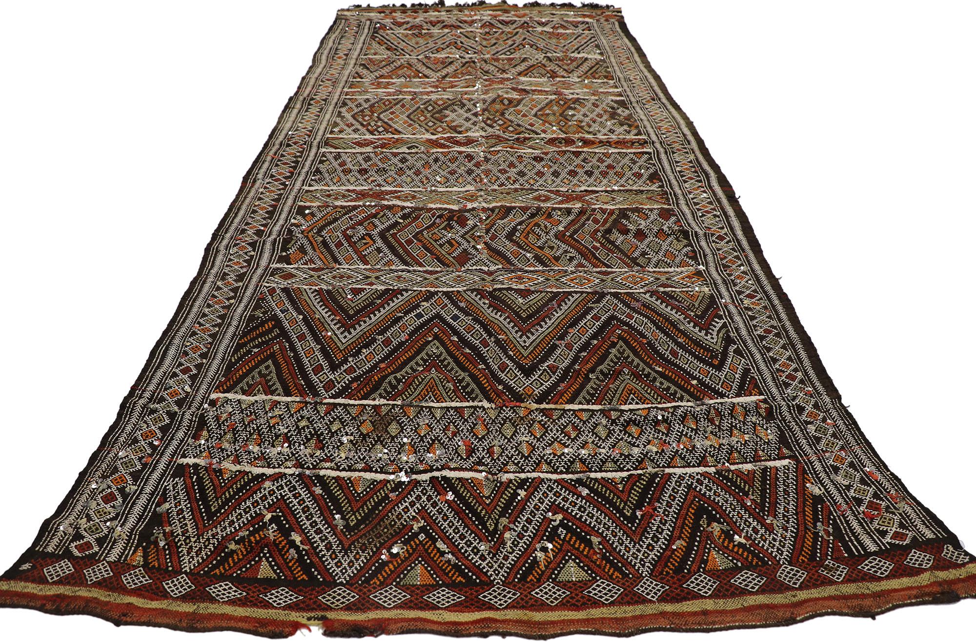 Hand-Woven Vintage Zemmour Moroccan Kilim Runner with Sequins and Tribal Boho Chic Style For Sale