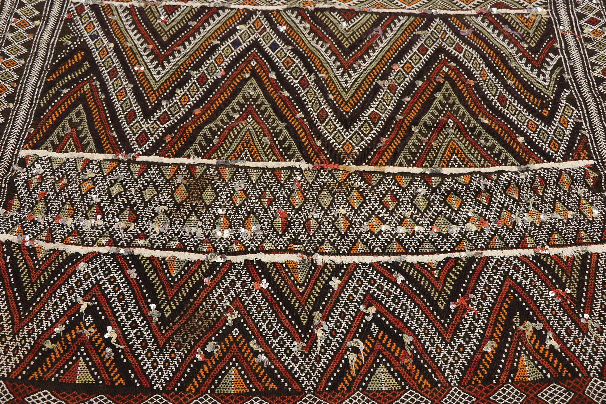 Vintage Zemmour Moroccan Kilim Runner with Sequins and Tribal Boho Chic Style In Good Condition For Sale In Dallas, TX