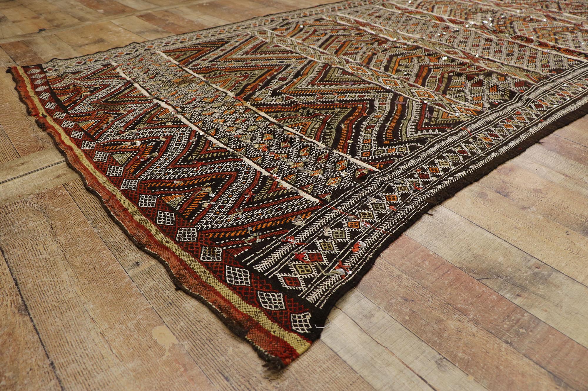 Vintage Zemmour Moroccan Kilim Runner with Sequins and Tribal Boho Chic Style For Sale 1