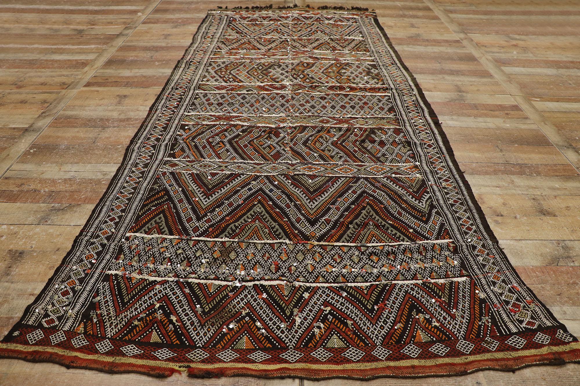 Vintage Zemmour Moroccan Kilim Runner with Sequins and Tribal Boho Chic Style For Sale 2