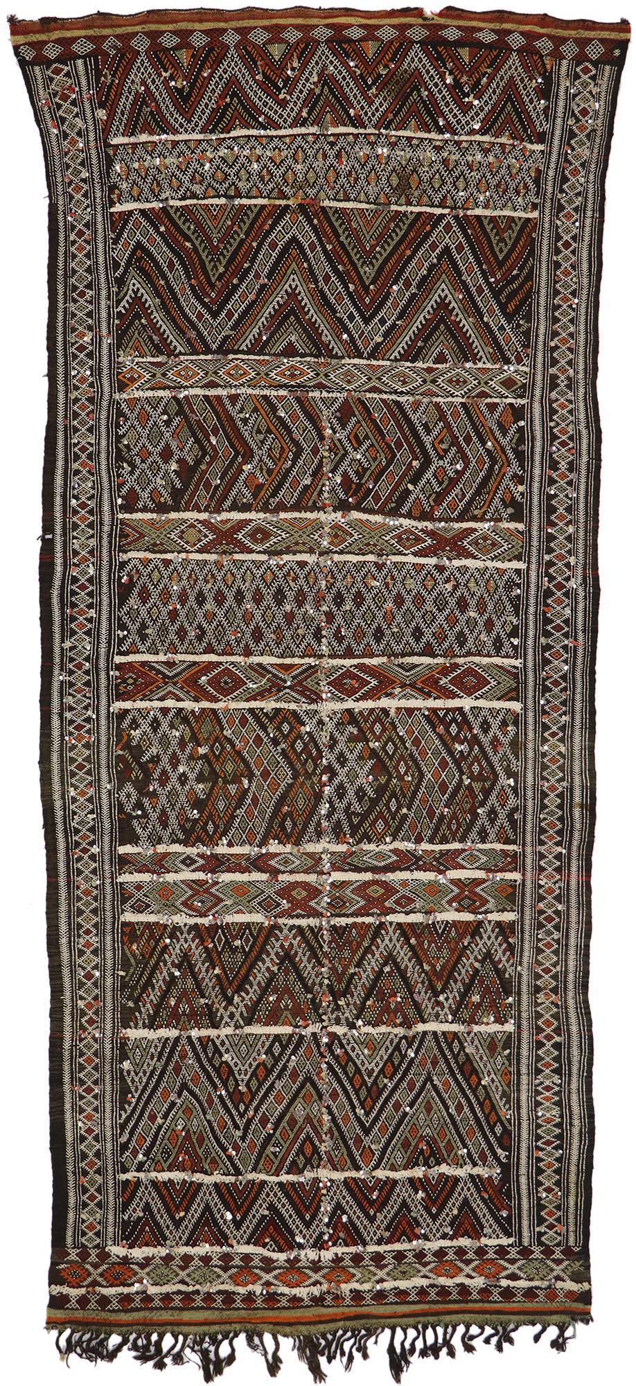 Vintage Zemmour Moroccan Kilim Runner with Sequins and Tribal Boho Chic Style For Sale 4