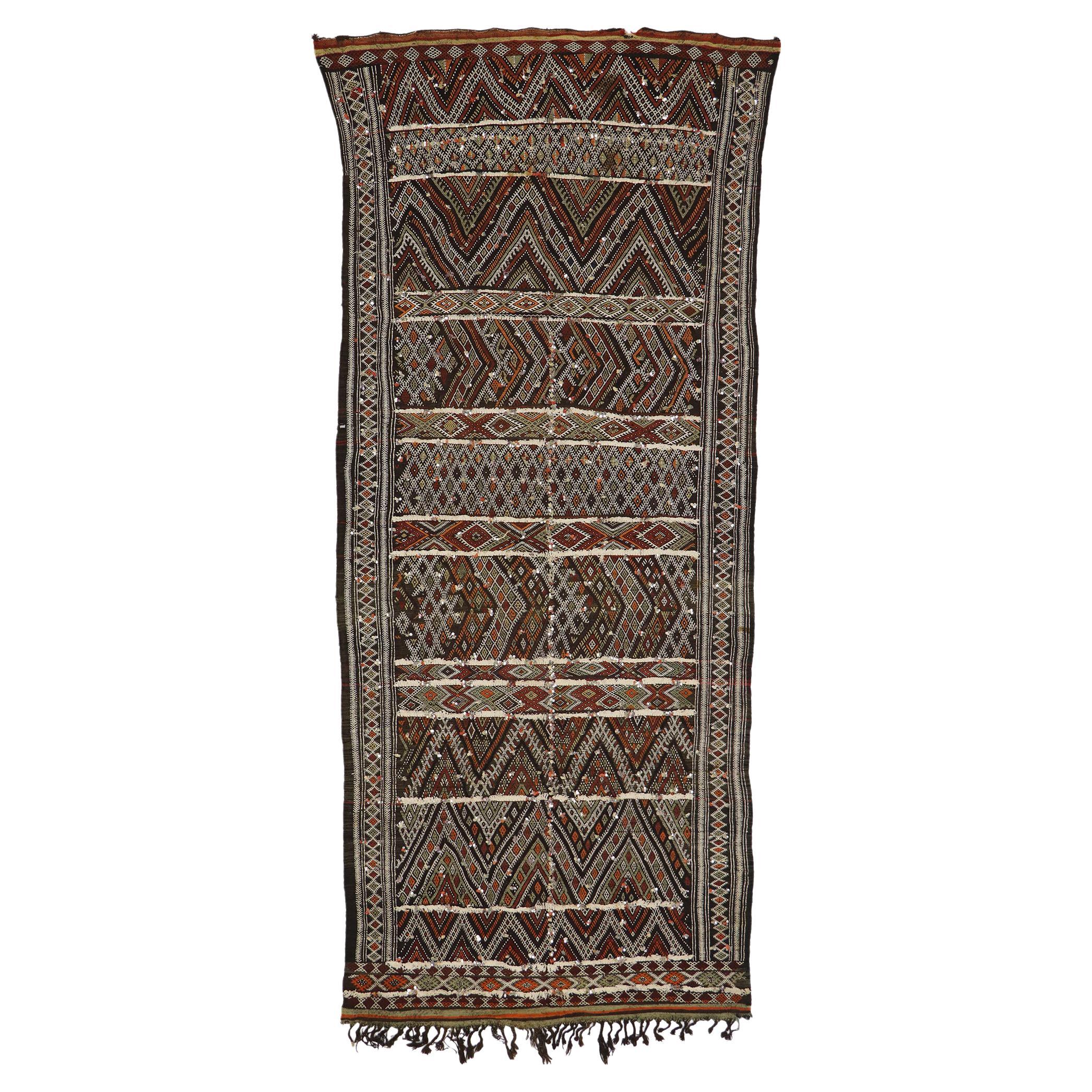 Vintage Zemmour Moroccan Kilim Runner with Sequins and Tribal Boho Chic Style For Sale