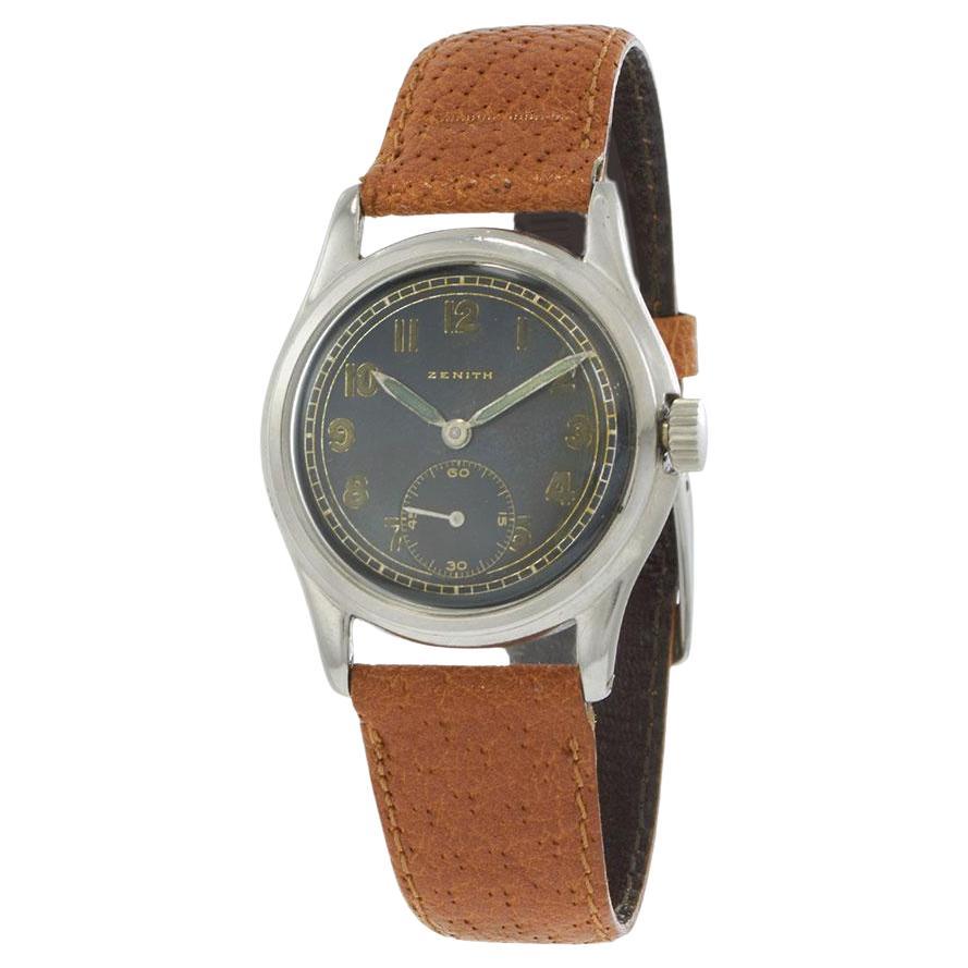 Vintage Zenith 1940er Jahre Edelstahl Militäruhr schwarzes Zifferblatt