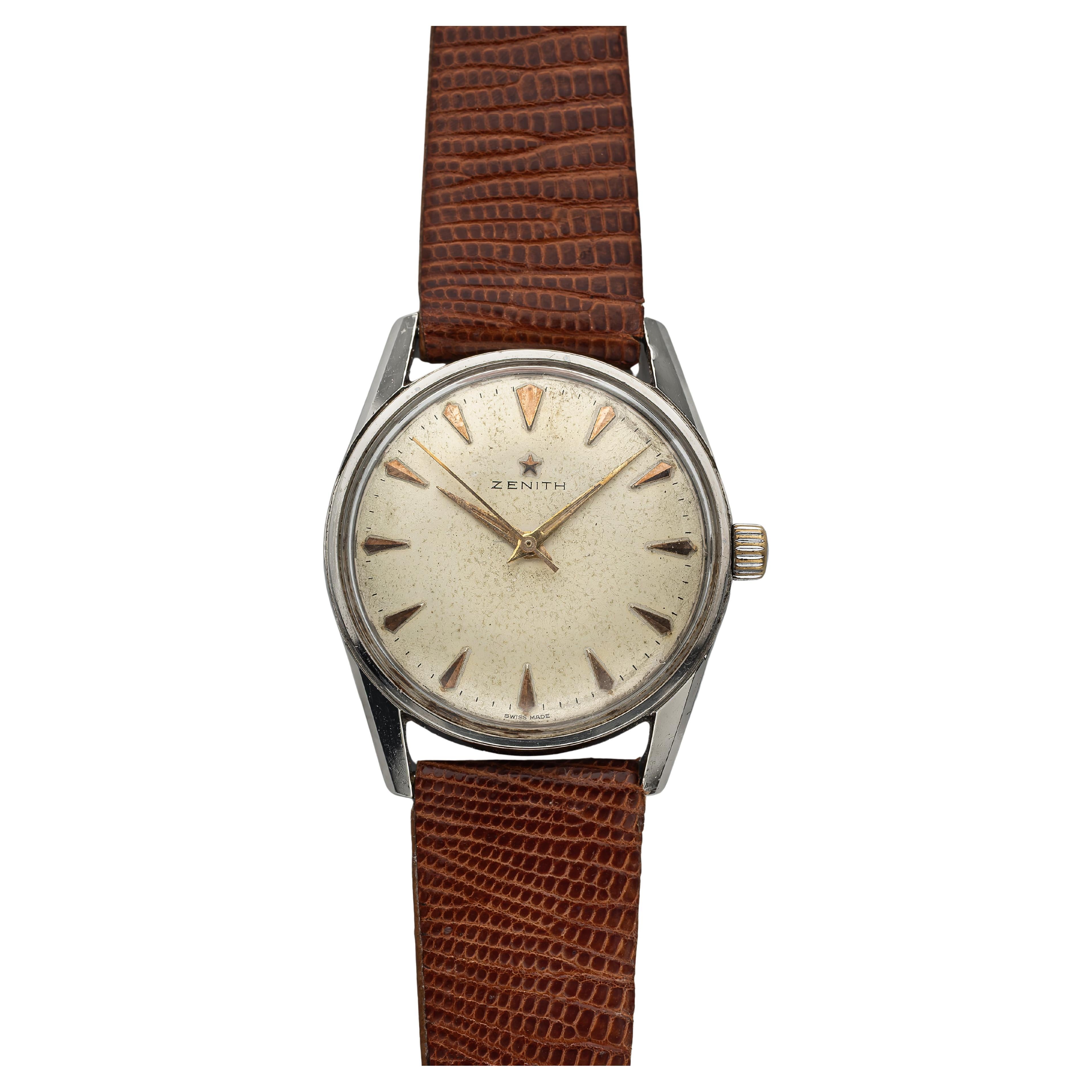 Vintage Zenith 60s Silver Dial Rose Gold Hour Marker Manual Wind 34mm Case.