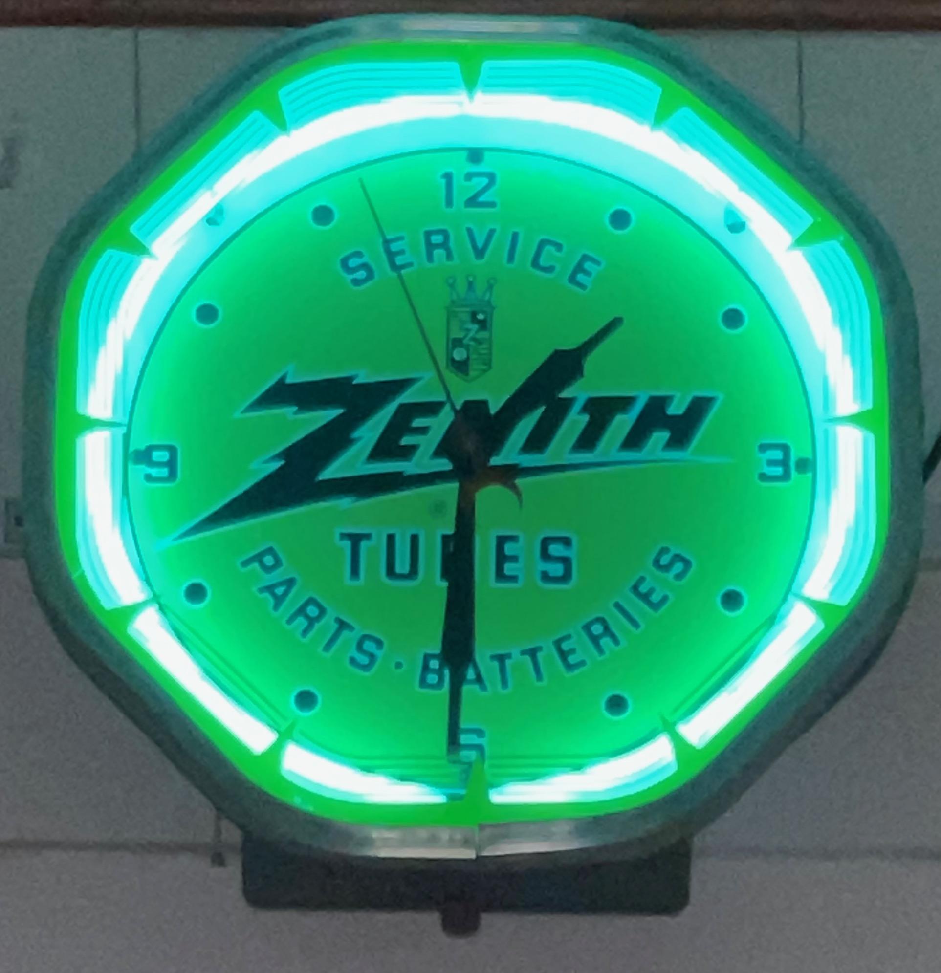 Art Deco Neon Hexagon Vintage with Zenith Advertising wall Clock. This Art Deco vintage hexagon neon color wall clock is impressive and increasingly rare to find in this condition, from the 1930s. The metal housing is green crackle paint which