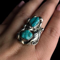 Vintage ZIA Navajo Western Sterling Silver Feathery Blue Turquoise Ring 7.8g