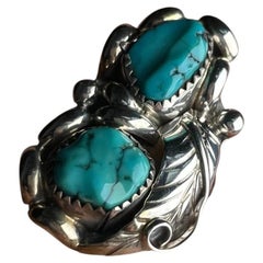 Vintage ZIA Navajo Western Sterling Silver Feathery Blue Turquoise Ring 7.8g