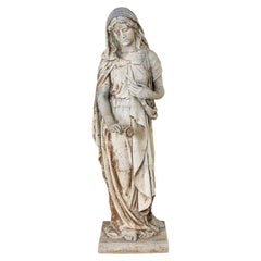 Statue de jardin vintage en zinc représentant une femme tenant une rose, début du 20ème siècle, France