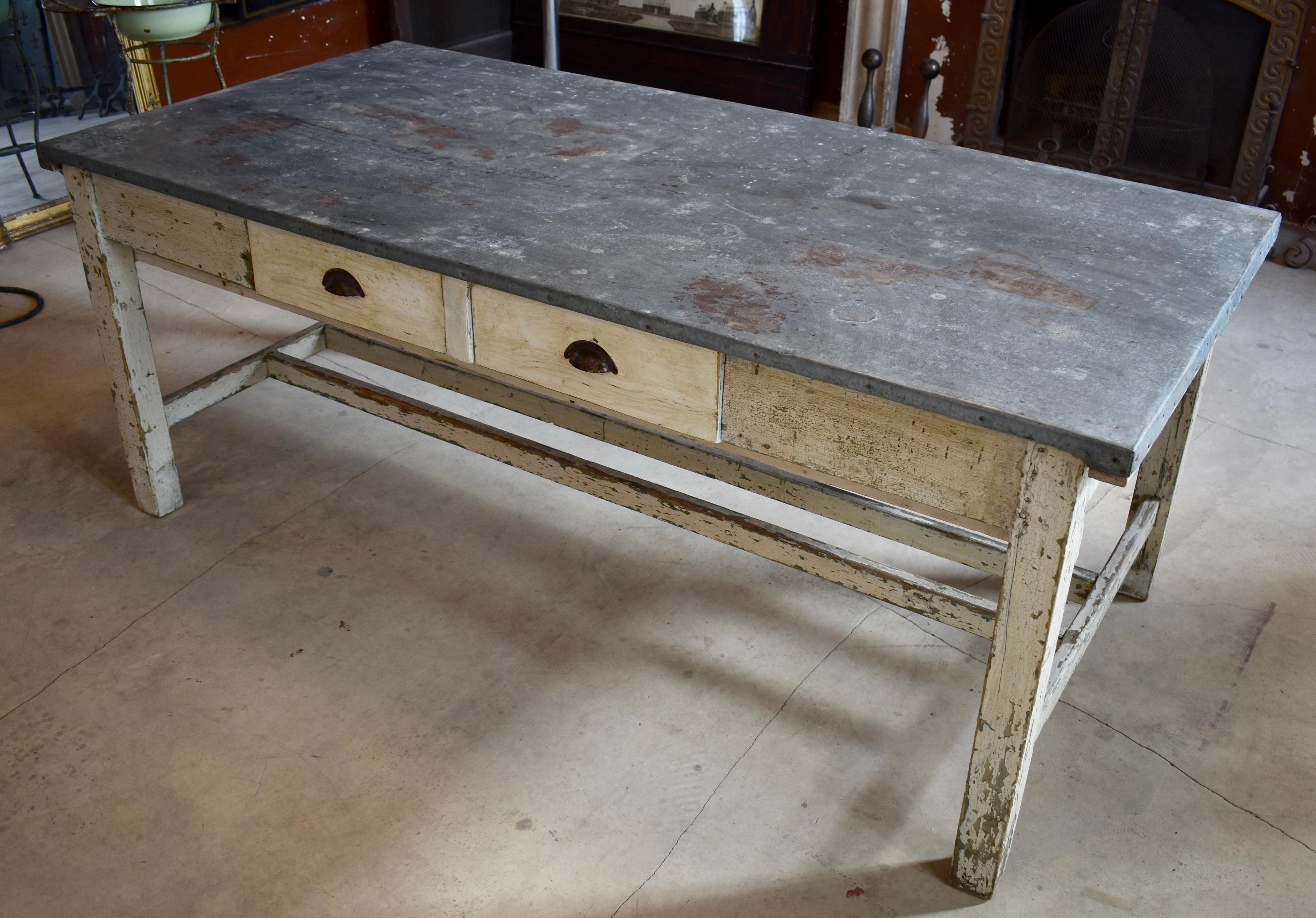 Vintage ZincTop StretcherBase Work Table at 1stDibs